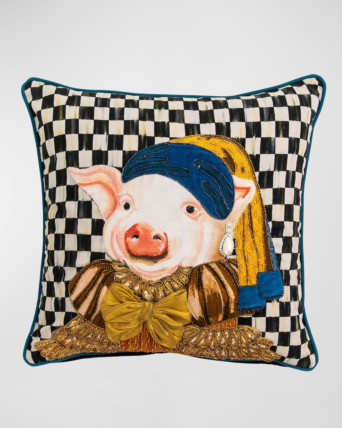Mackenzie-childs Pig With Pearl Earring Pillow In Black