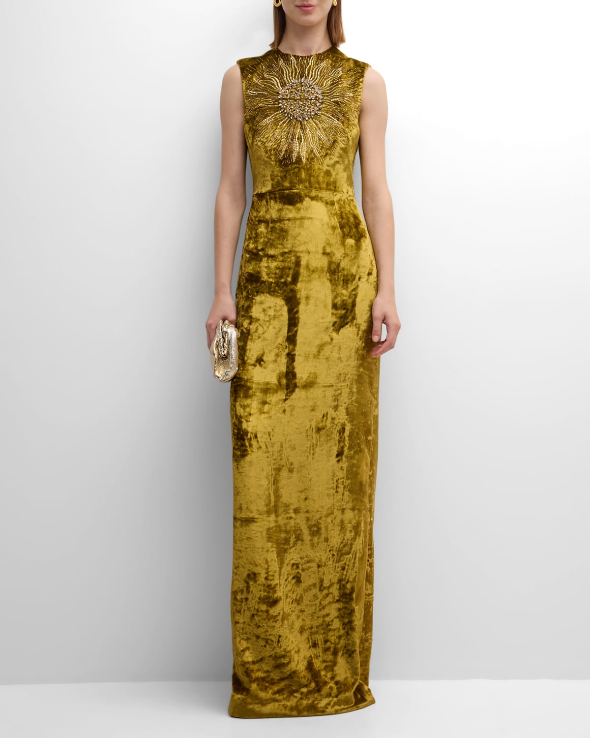 Lela Rose Embroidered Sleeveless Crushed Velvet Gown In Goldenrod