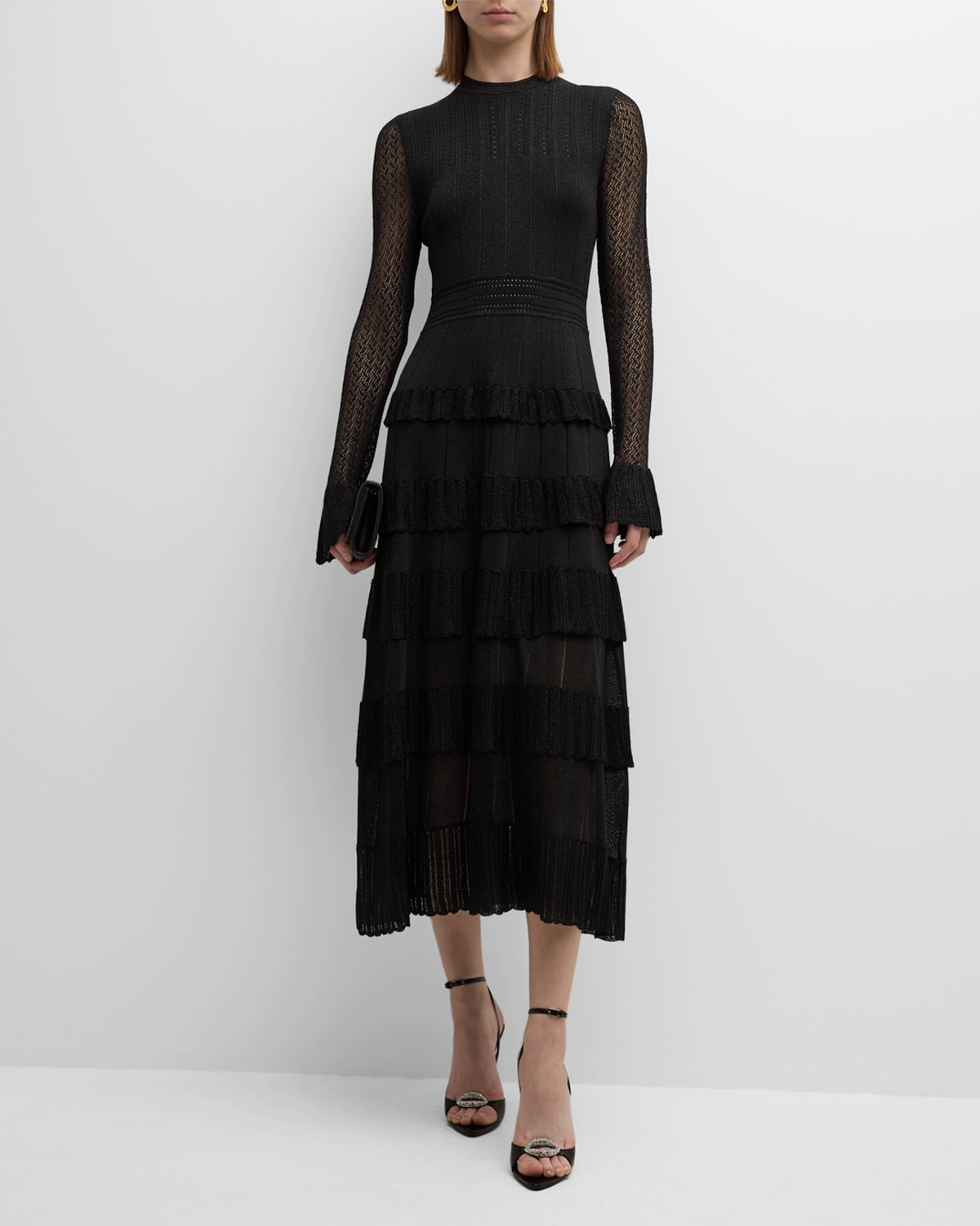 Shop Lela Rose Piper Knit Maxi Dress With Tiered Ruffle Detail In Black