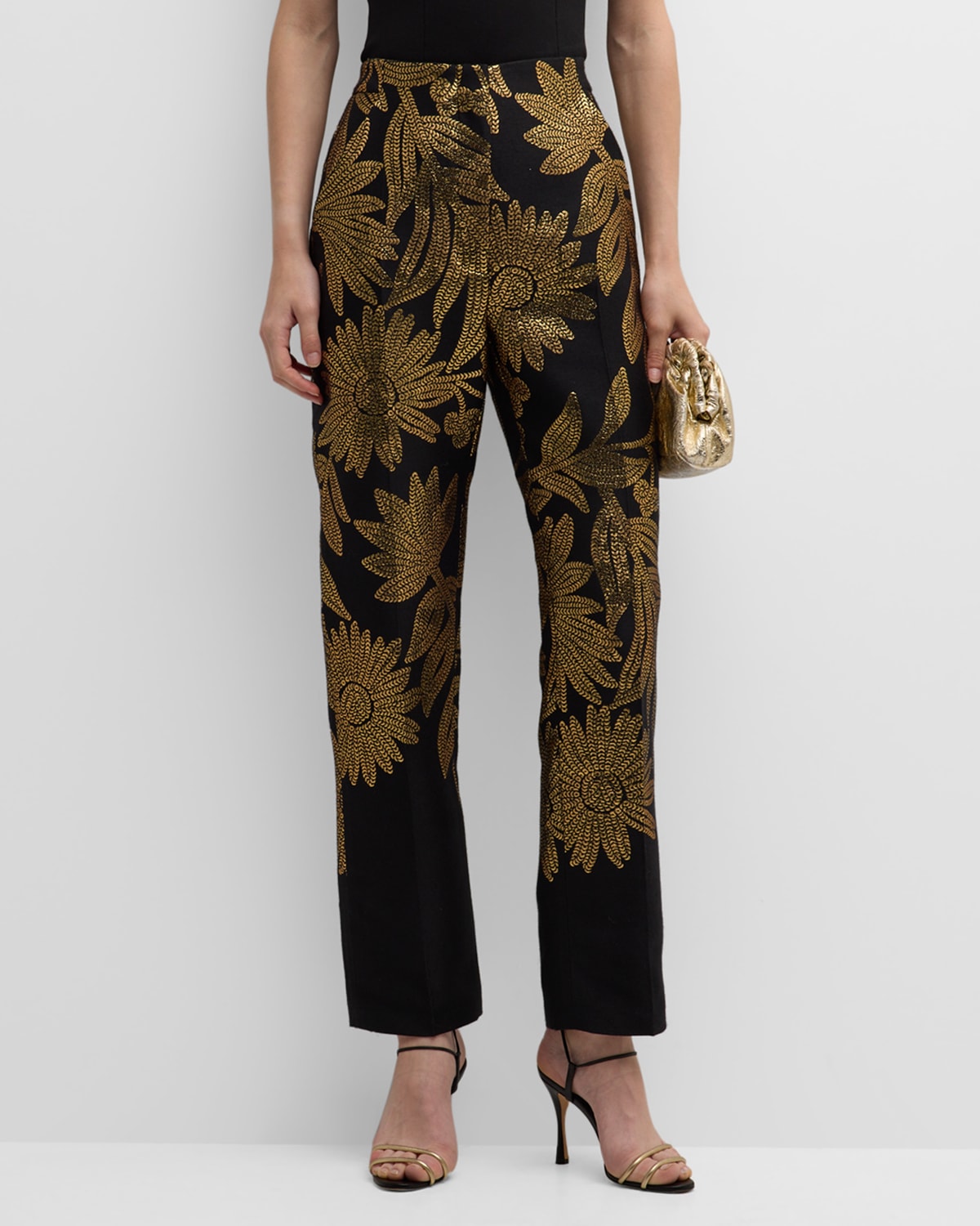 Lela Rose Grace Metallic Floral Embellished Straight Cropped Trousers In Black