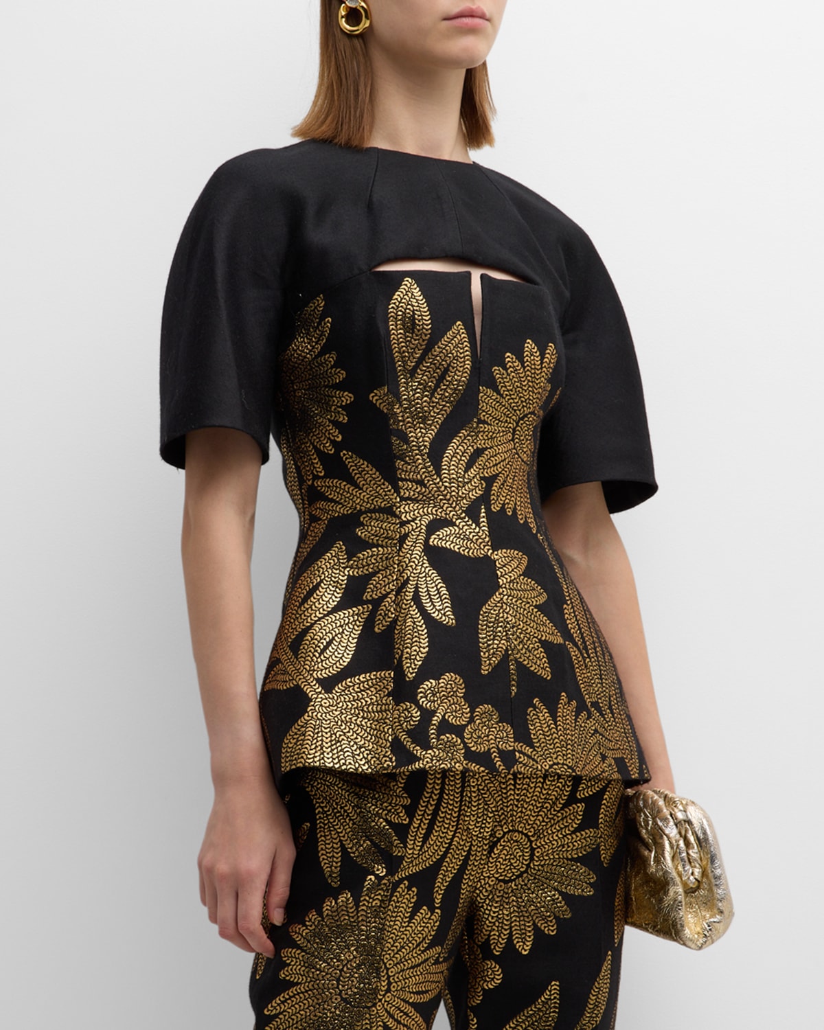 Lela Rose Floral-embroidered Cutout Top In Black