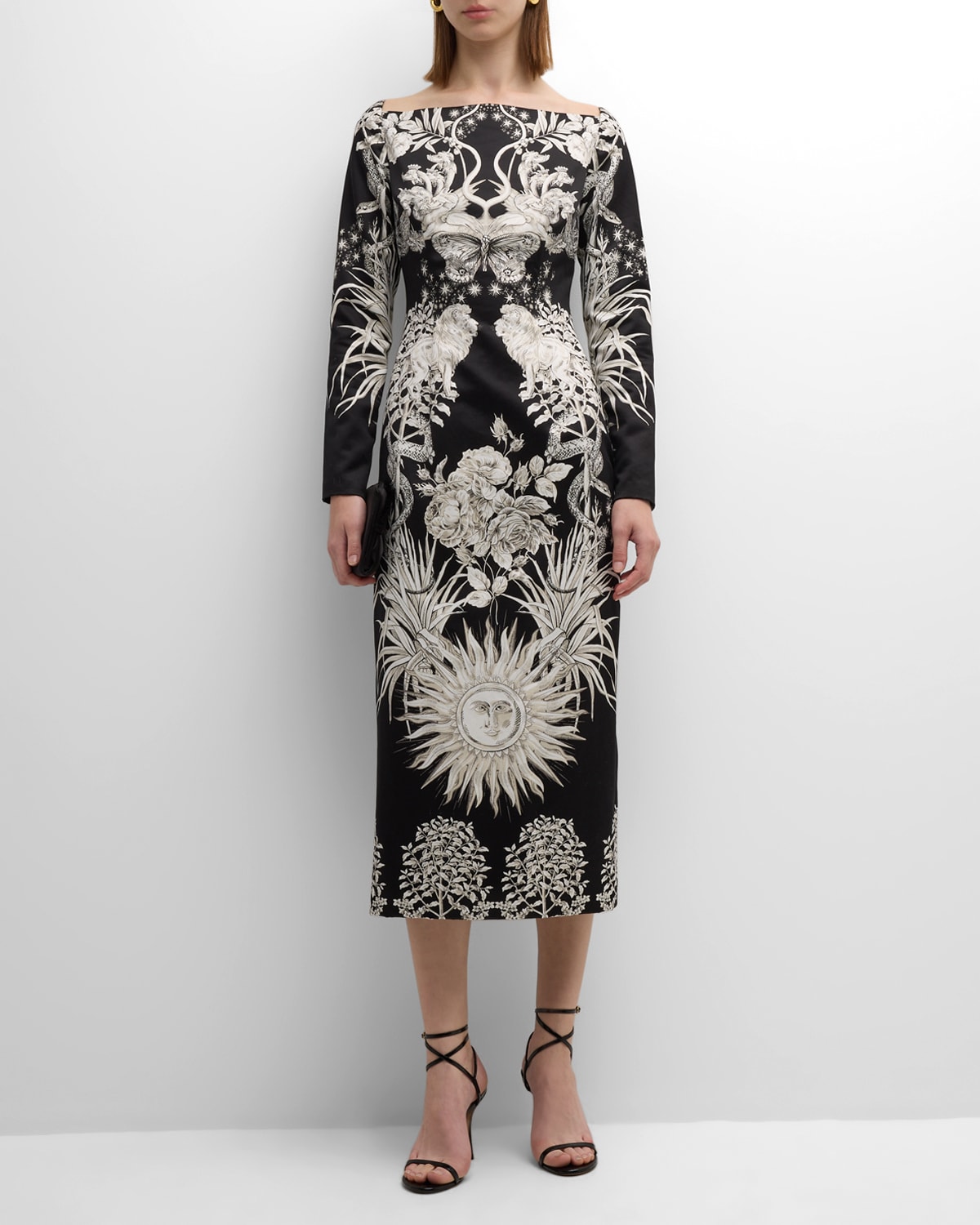 Shop Lela Rose Graphic-print Long-sleeve Square-neck Midi Dress In Black