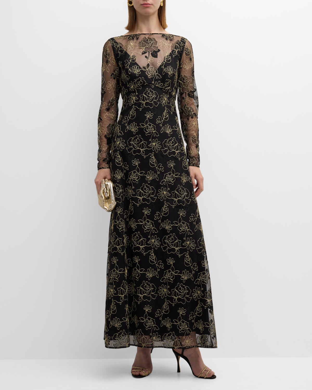 Shop Lela Rose Embroidered Lace Long-sleeve Illusion Maxi Dress In Black