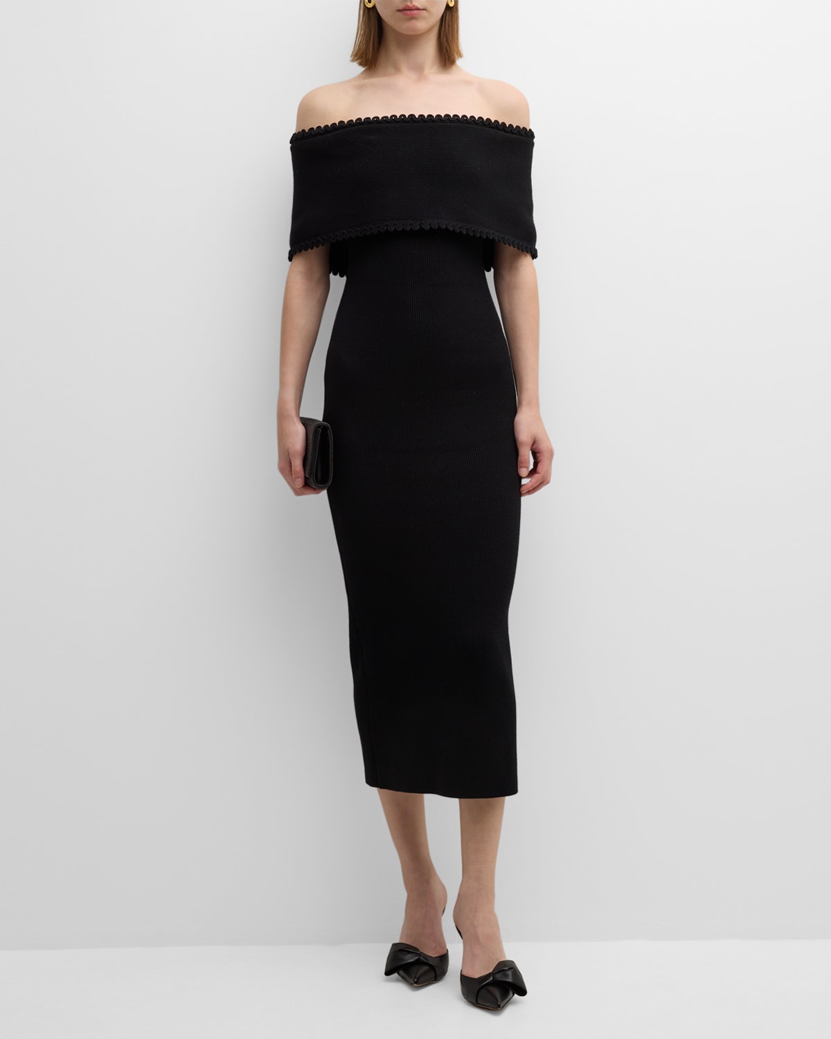 Lela Rose Off-shoulder Midi Dress With Scalloped Trim In Black