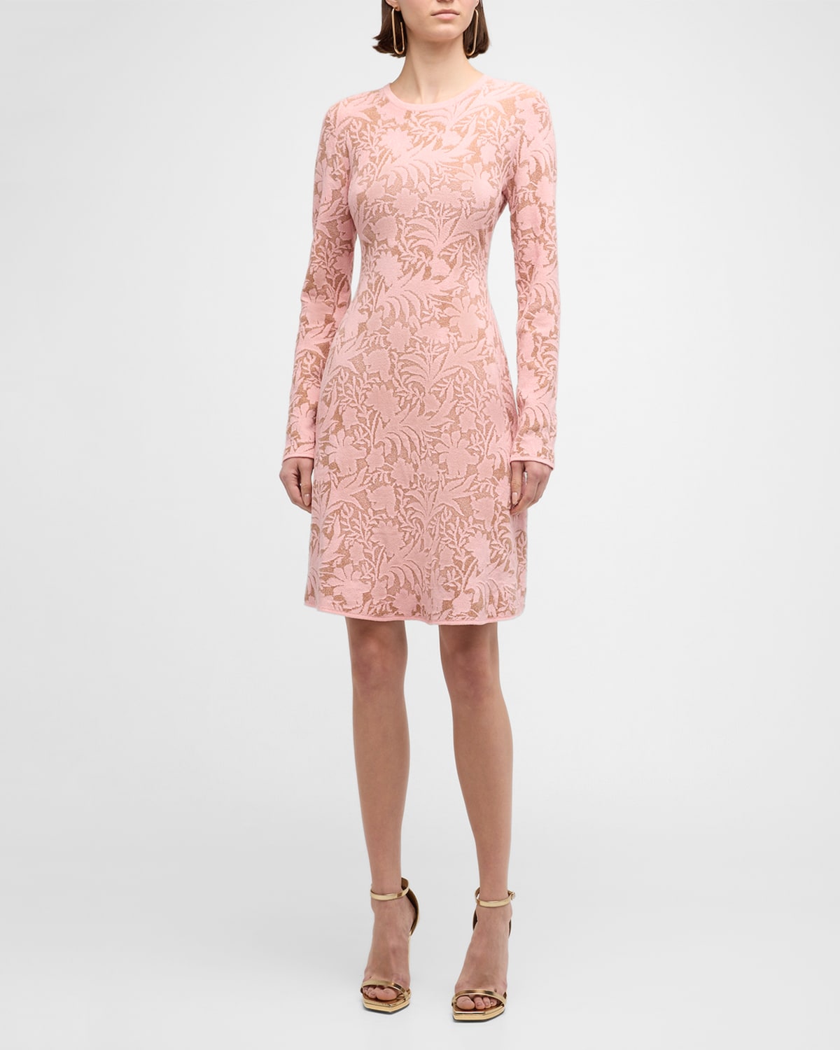 Shop Lela Rose Floral Jacquard Long-sleeve Fit-&-flare Dress In Blush