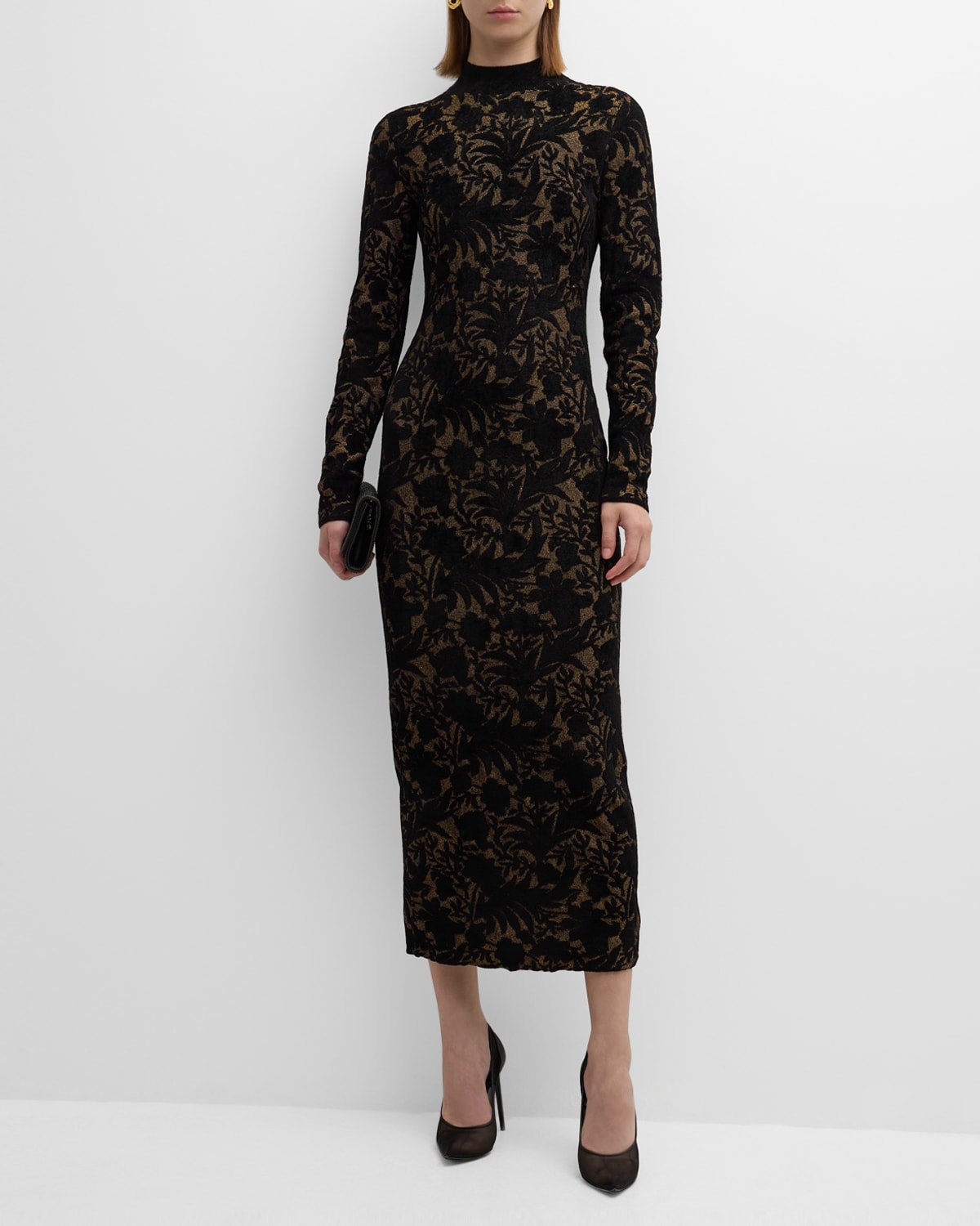 Shop Lela Rose Floral Jacquard Knit Mock-neck Long-sleeve Midi Dress In Black