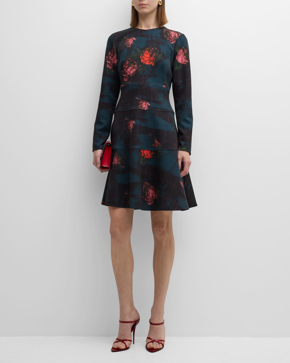 Shop Lela Rose Lily Floral Check-print Long-sleeve Tiered Paneled Dress In Ocean