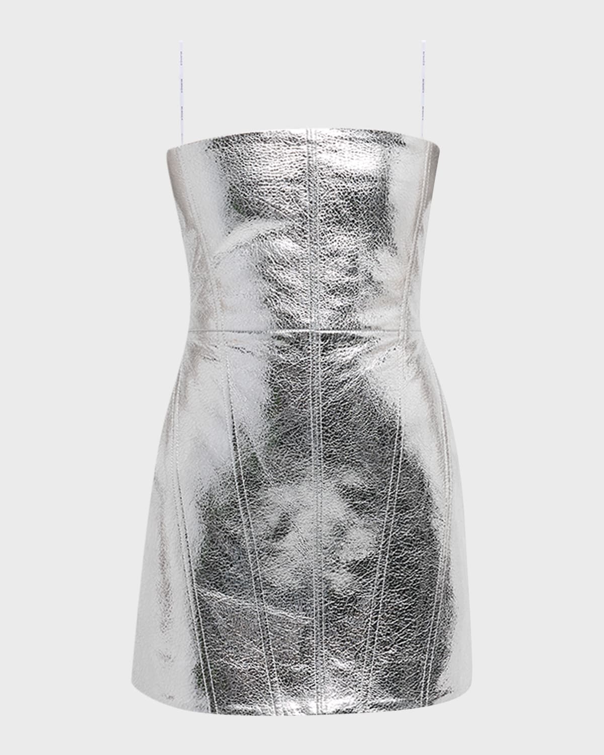 Retroféte Casmir Strapless Metallic Leather Mini Dress In Silver