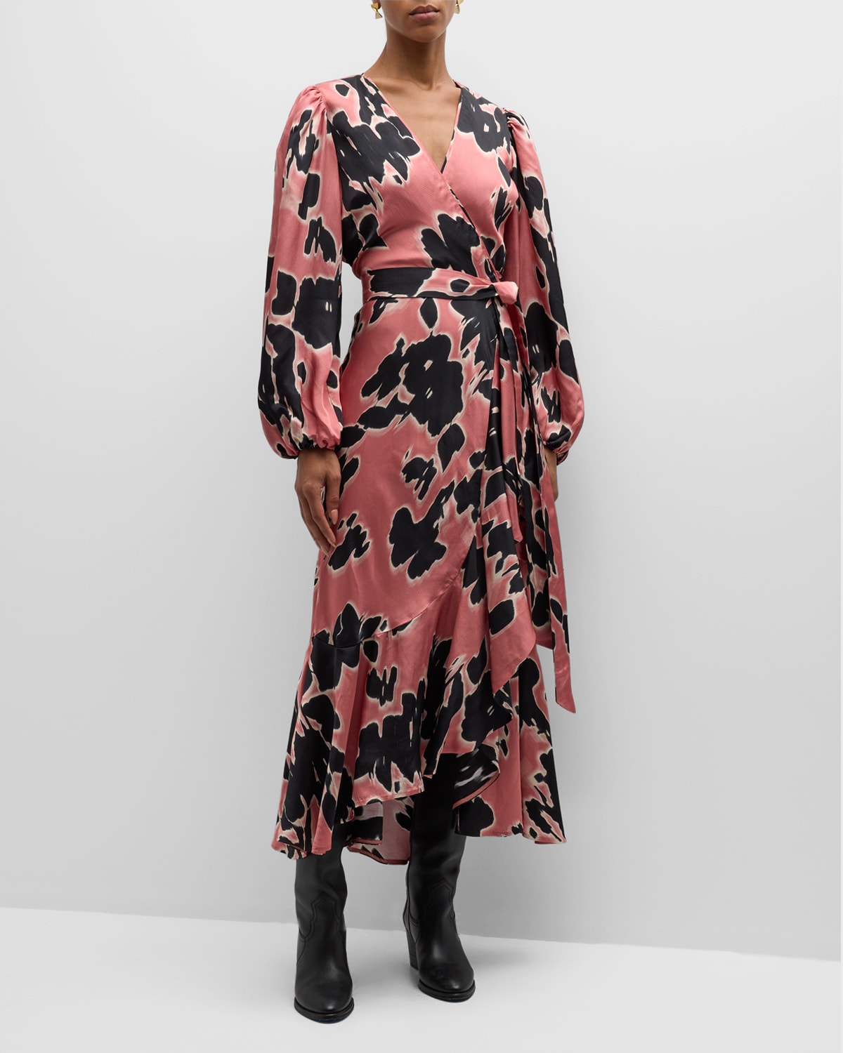 Shop Tanya Taylor Blaire Long-sleeve Hammered Satin Midi Wrap Dress In Garnet Rose Multi