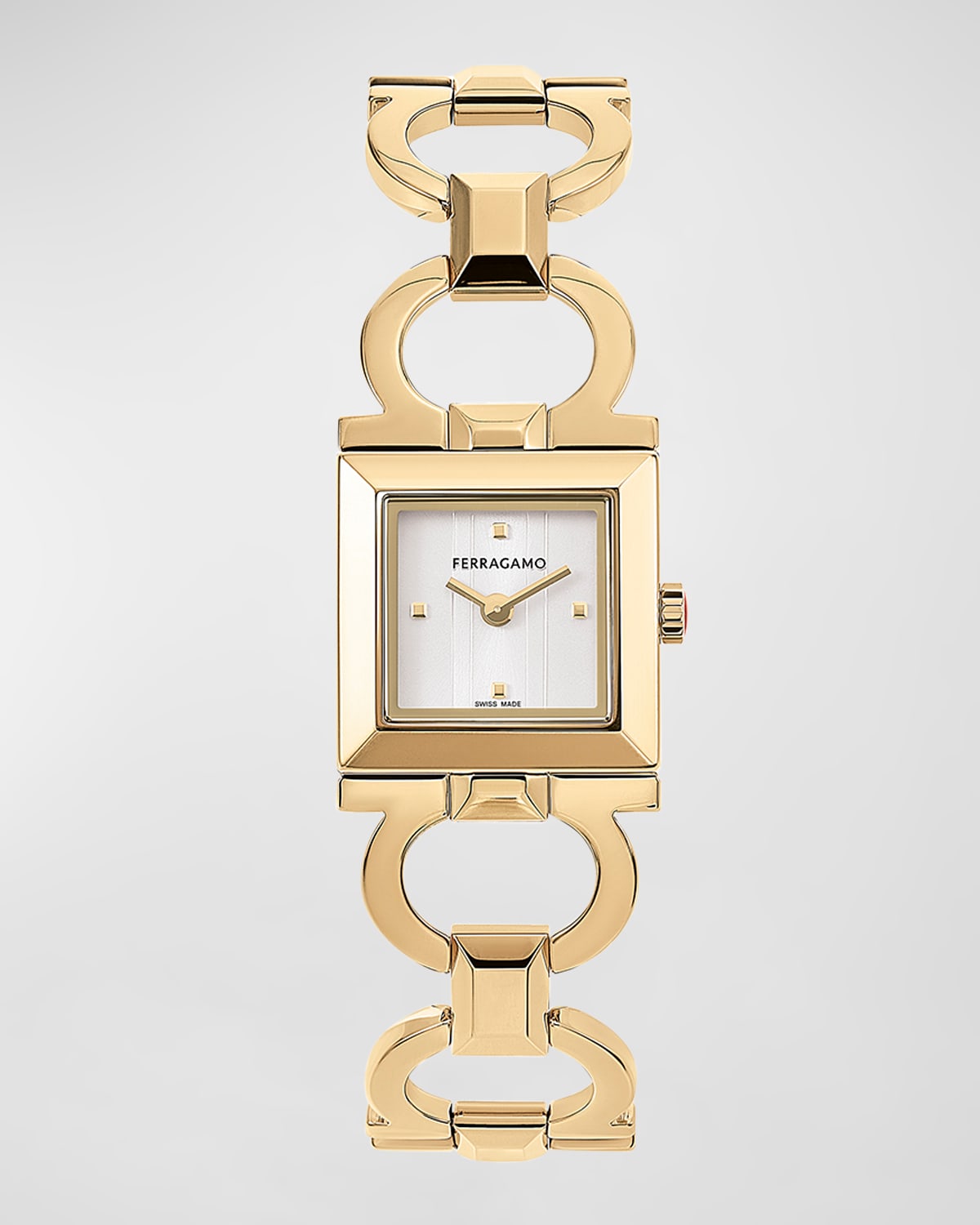 FERRAGAMO 20MM DOUBLE GANCINI SQUARE WATCH WITH BRACELET STRAP, YELLOW GOLD
