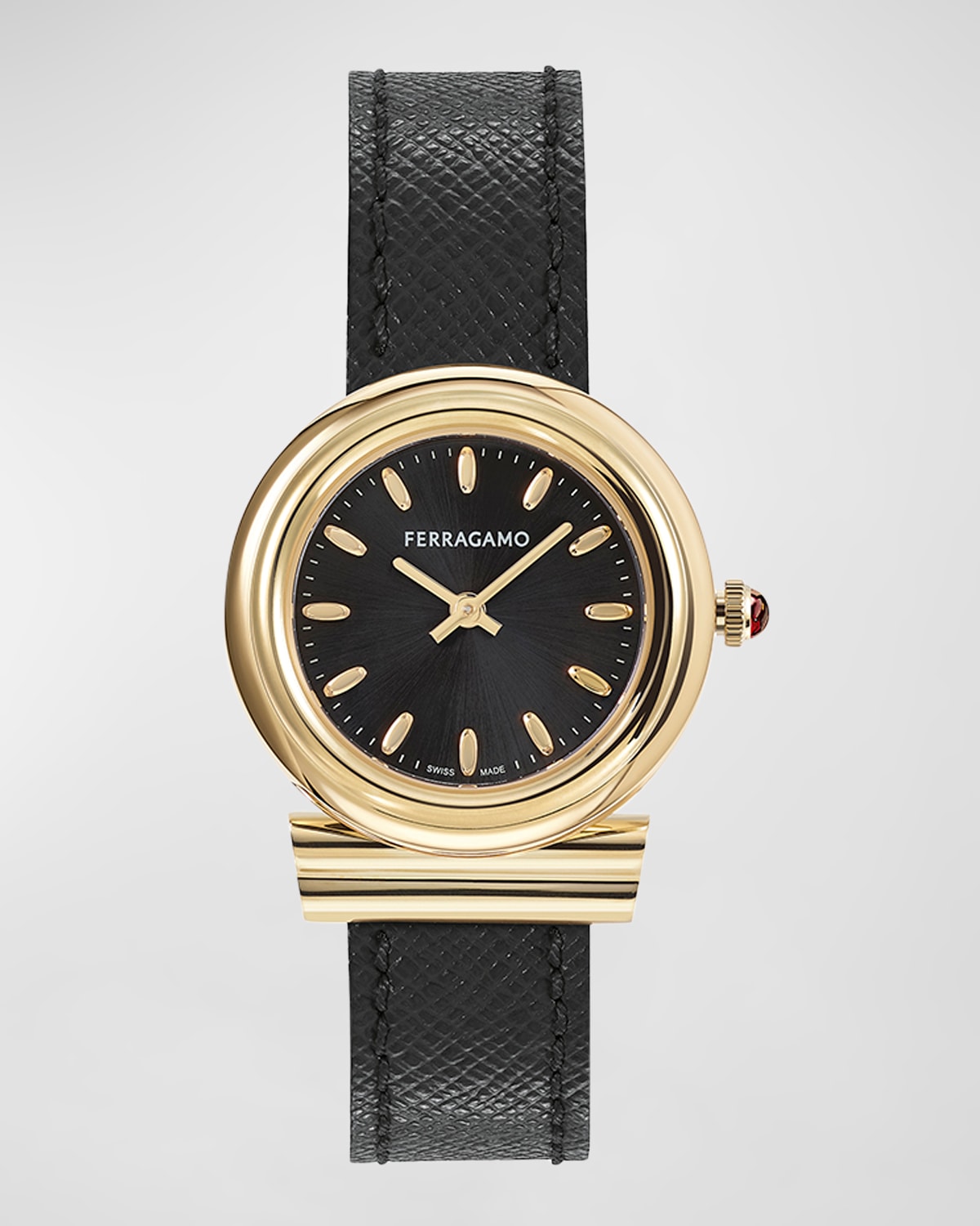 Shop Ferragamo 28mm Gancini Watch With Leather Strap, Black In Ip Yellow Gold