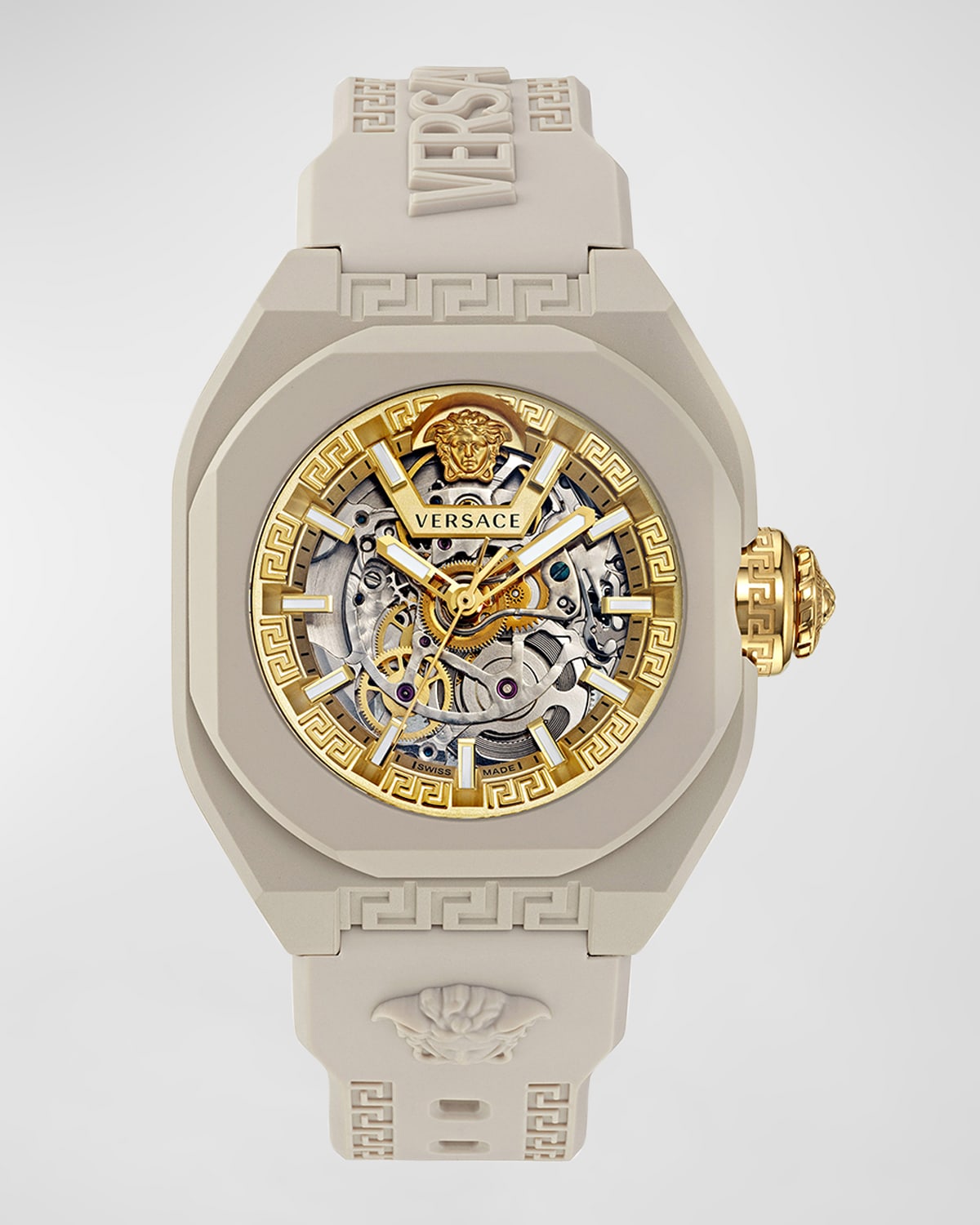 Versace Men's Swiss Automatic V-legend Skeleton Beige Rubber Strap Watch 42mm In Beige Eco Ceramic