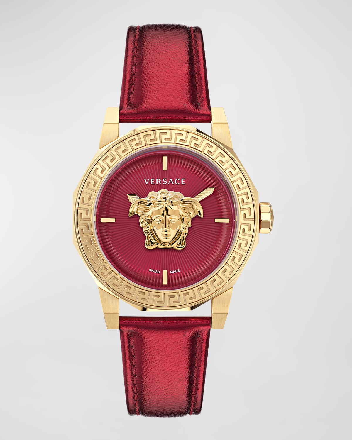 Shop Versace 38mm Medusa Deco Watch With Leather Strap, Red In Ip Yellow Gold