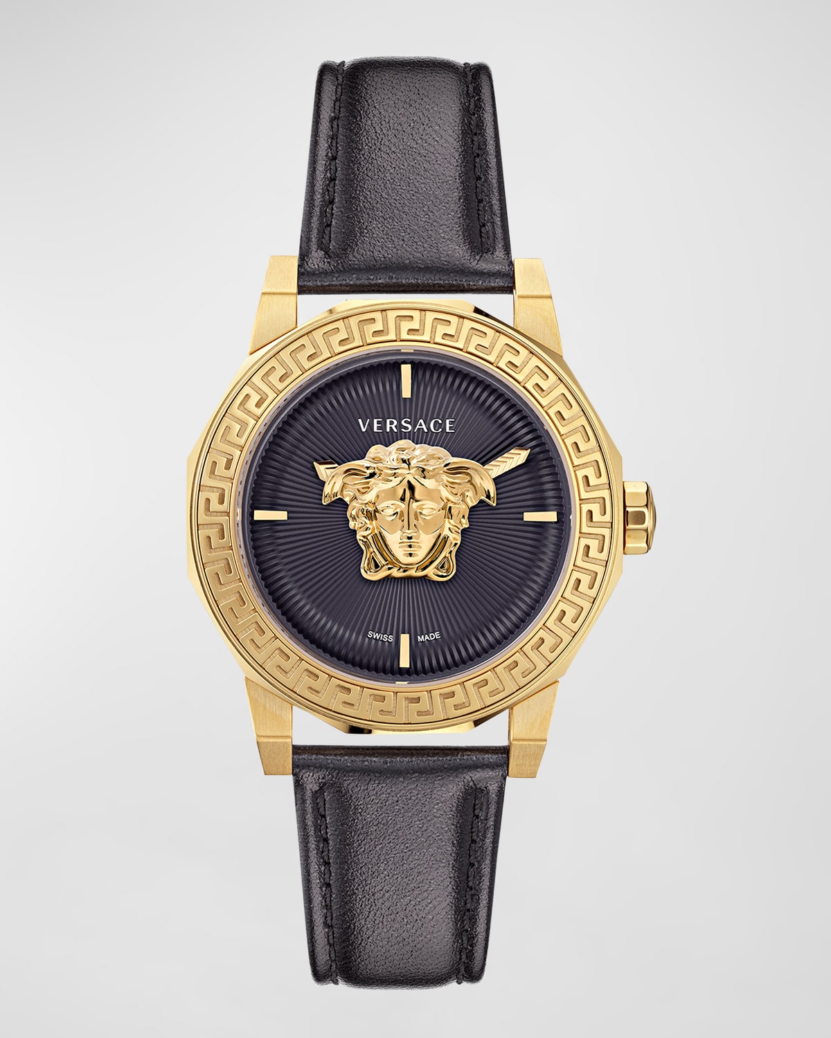 Shop Versace 38mm Medusa Deco Watch With Leather Strap, Black In Ip Yellow Gold