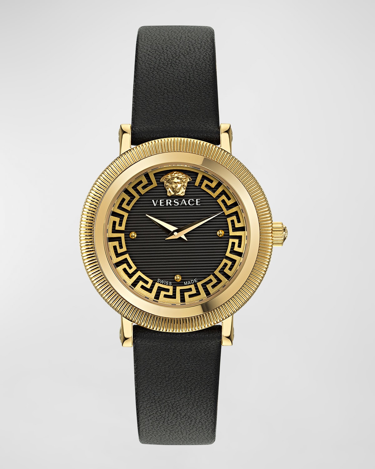 Shop Versace 35mm Greca Flourish Watch With Leather Strap, Black In Ip Yellow Gold