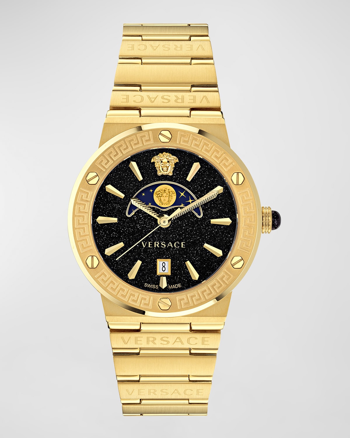 Versace 38mm Greca Logo Watch With Bracelet Strap, Gold Plated In Black/gold