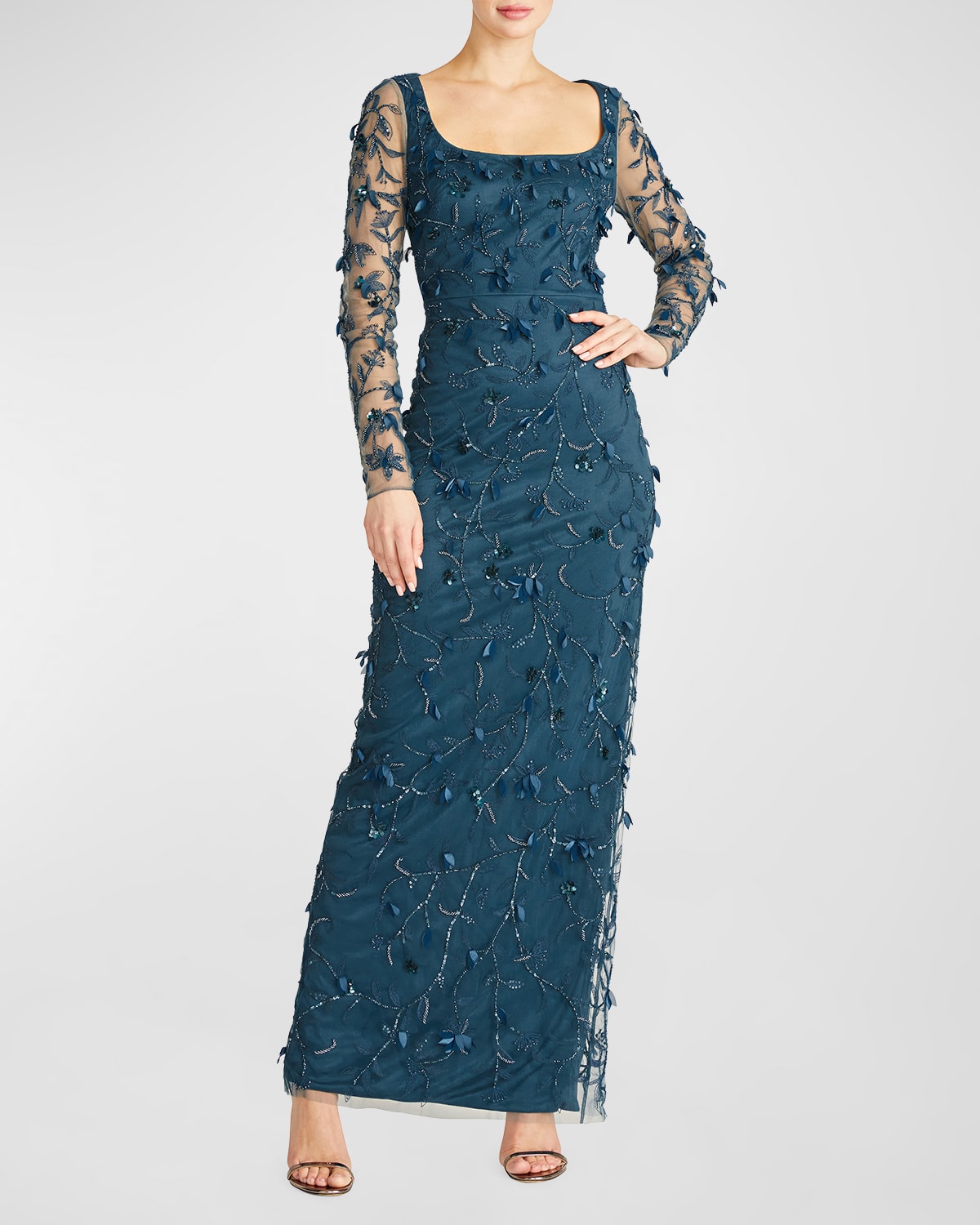 Theia Hera Beaded Embroidered Column Gown In Blue