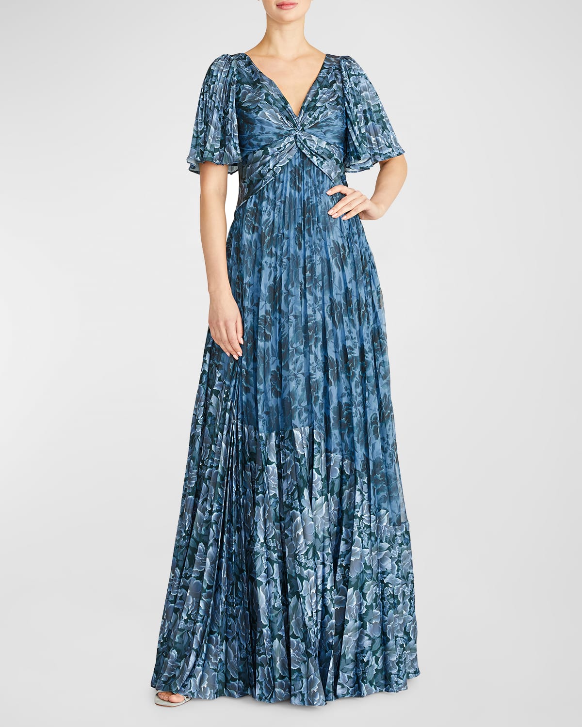 THEIA MABELLA PLEATED FLORAL-PRINT TWIST-FRONT GOWN