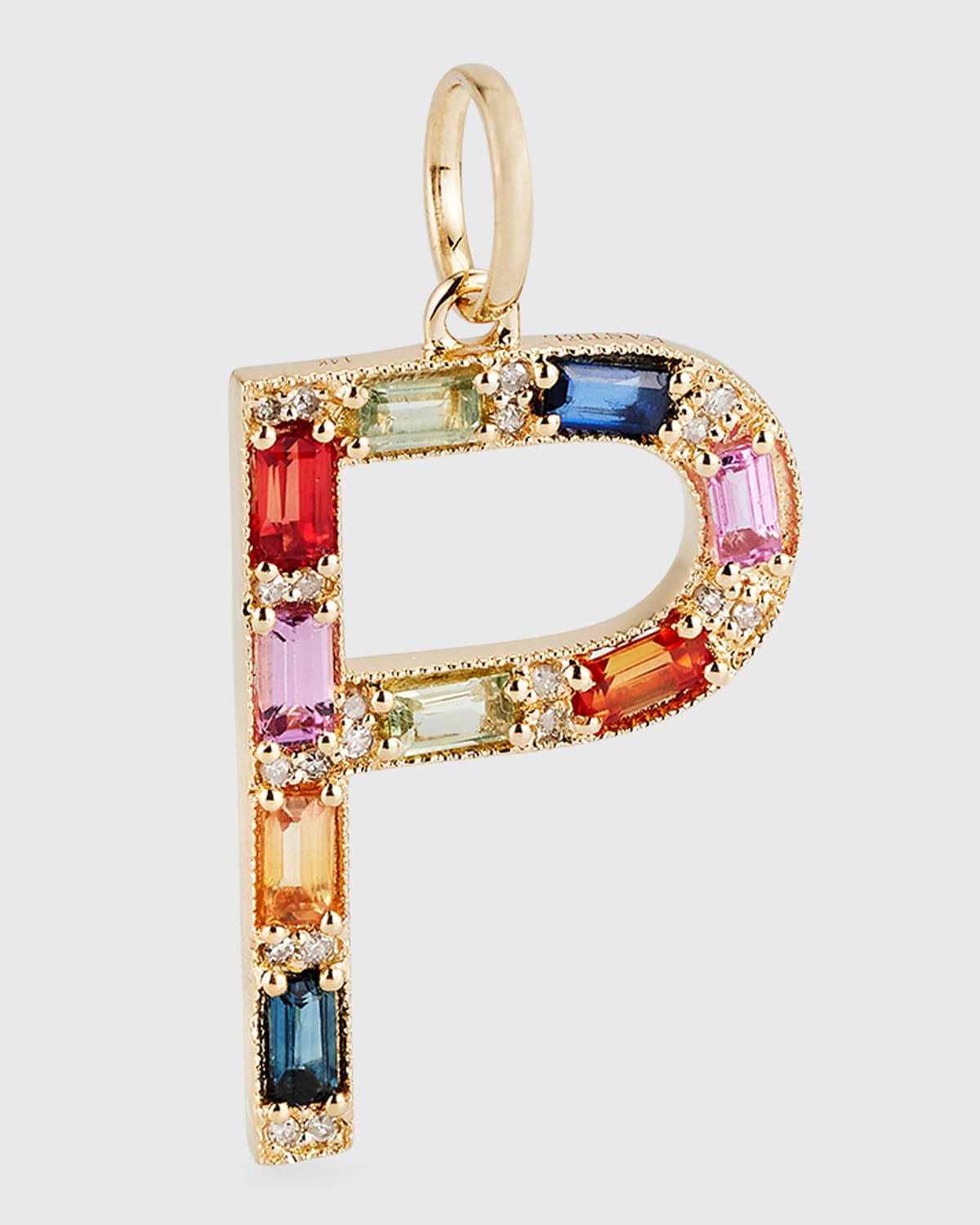 14K Yellow Gold Initial P Multi-Color Sapphire and Diamond Pendant