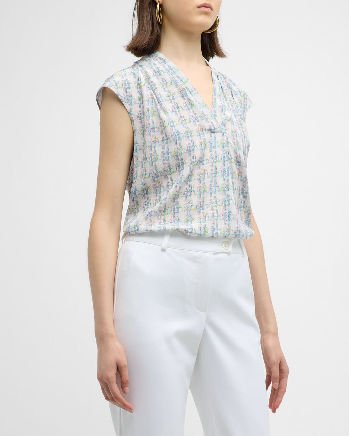Maison Common Silk Tweed-print V-neck Shell Top In Open White