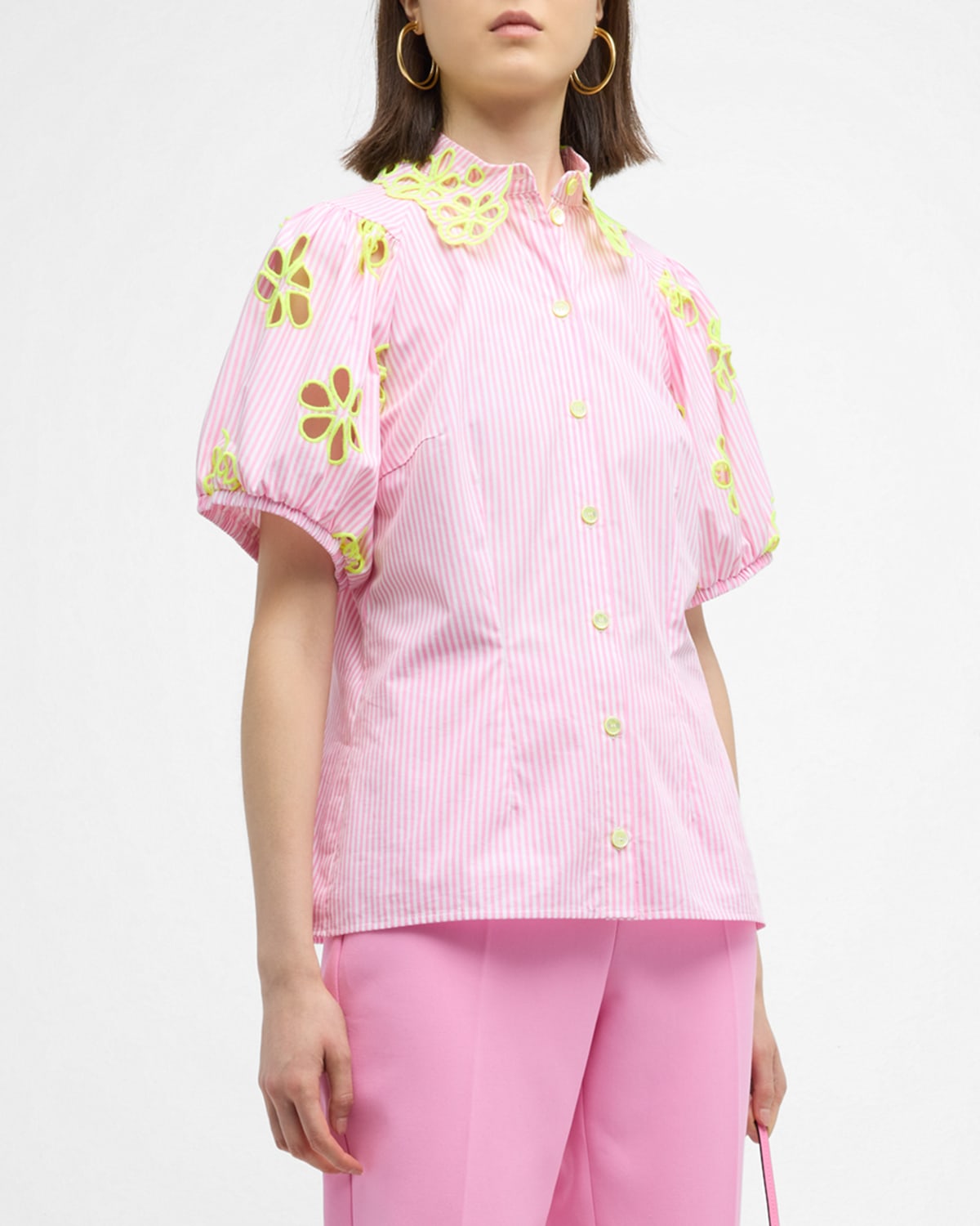 Maison Common Embroidered Floral Cutout Button-front Blouse In Pink