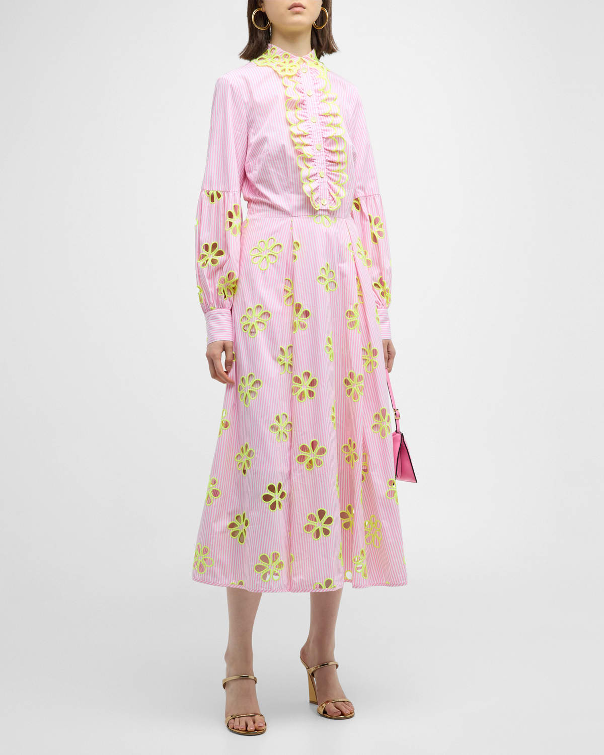 Maison Common Embroidered Cotton Stripe Cutout Midi Dress With Detachable Bib In Medium Pink