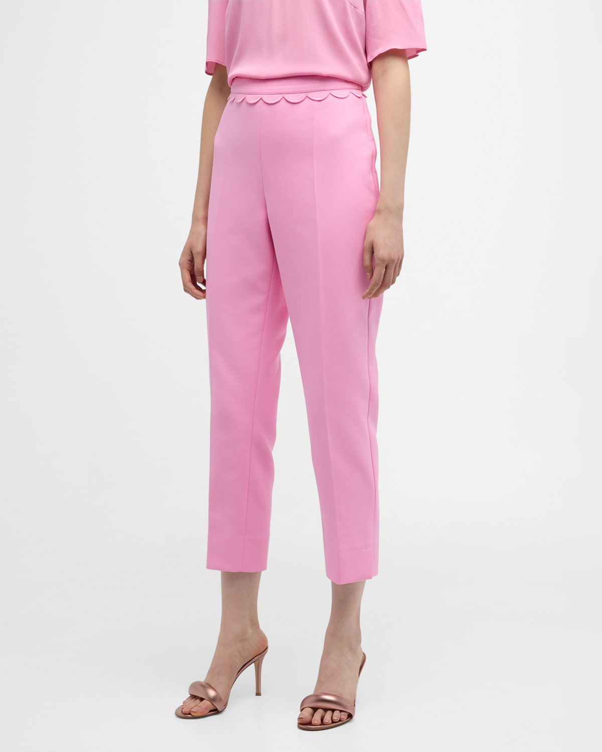 Maison Common High-rise Scalloped Waist Detail Slim-leg Ankle Cotton Trousers In Pink