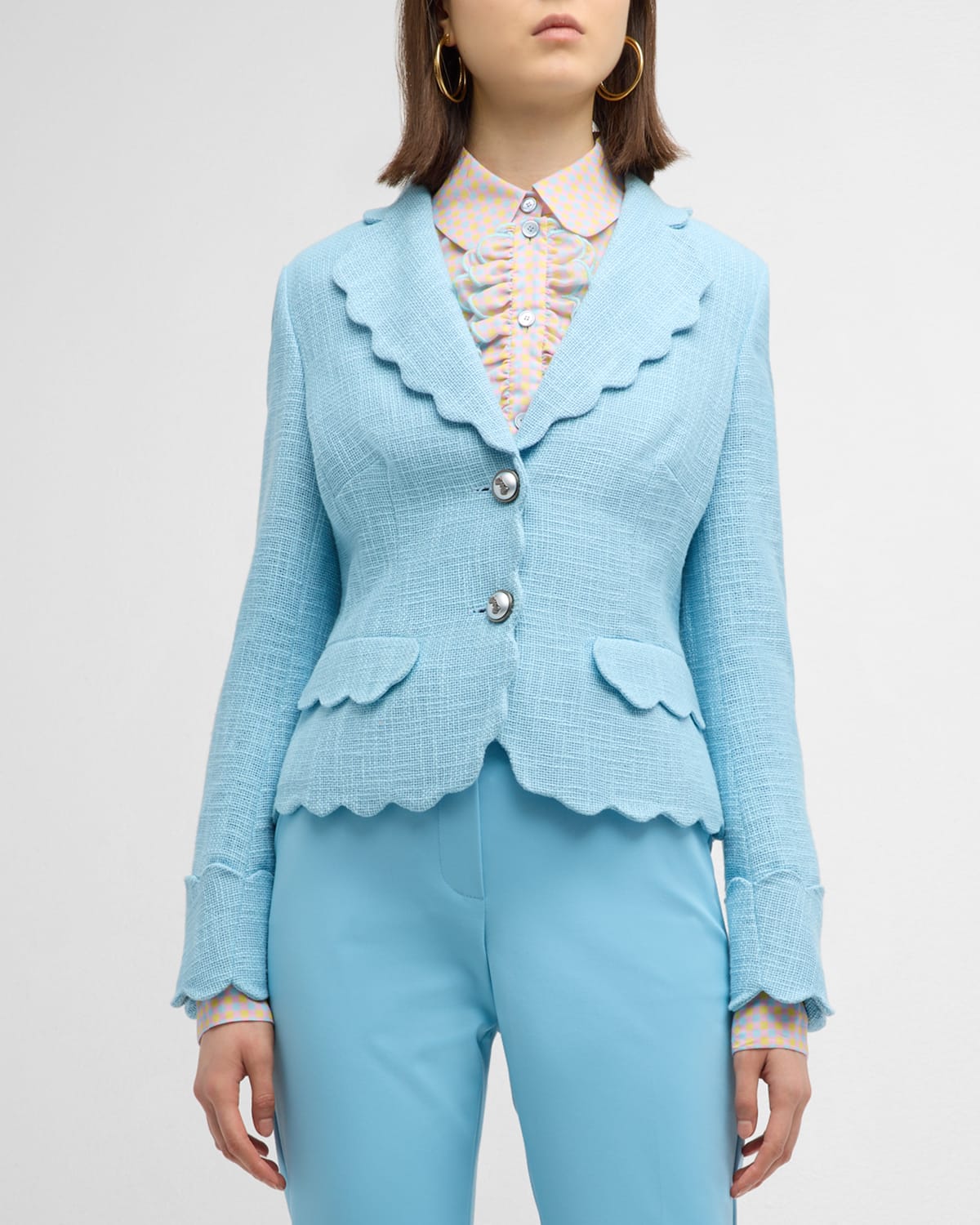 Maison Common Scalloped Cotton-blend Two-button Tweed Jacket In Open Blue