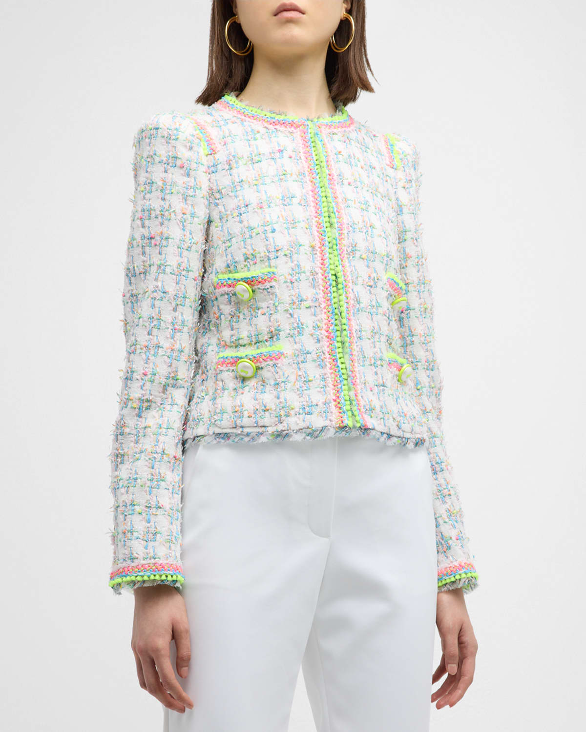 Maison Common Cotton-blend Tweed Jacket With Neon Rick Rack Trim In Open White