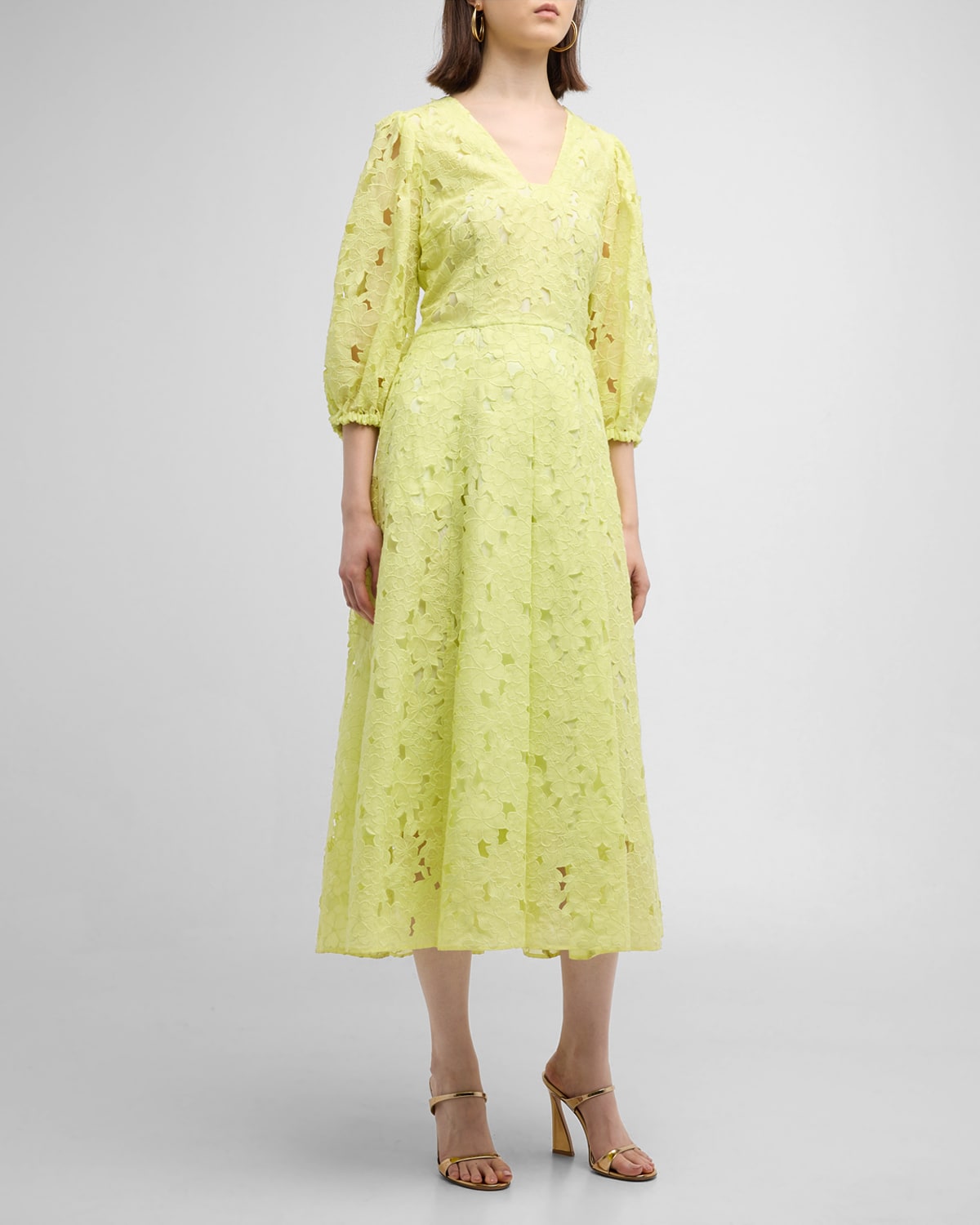 Maison Common Floral Lace 3/4-sleeve Midi Dress In Light Yellow