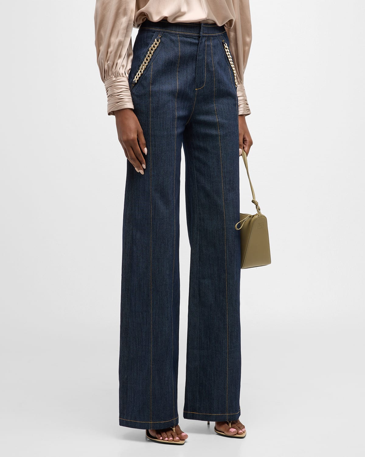 Cinq À Sept Chaya Topstitched Embellished Denim Straight-leg Trousers In Indigo