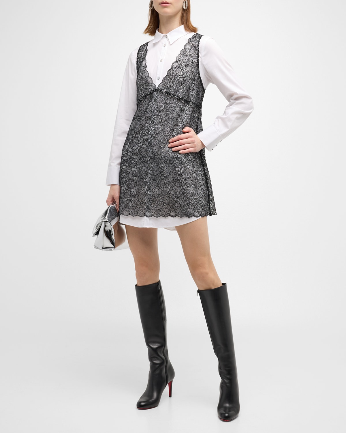 Shop Cinq À Sept Catilina Combo Lace Shirting Mini Dress In Blackwhite