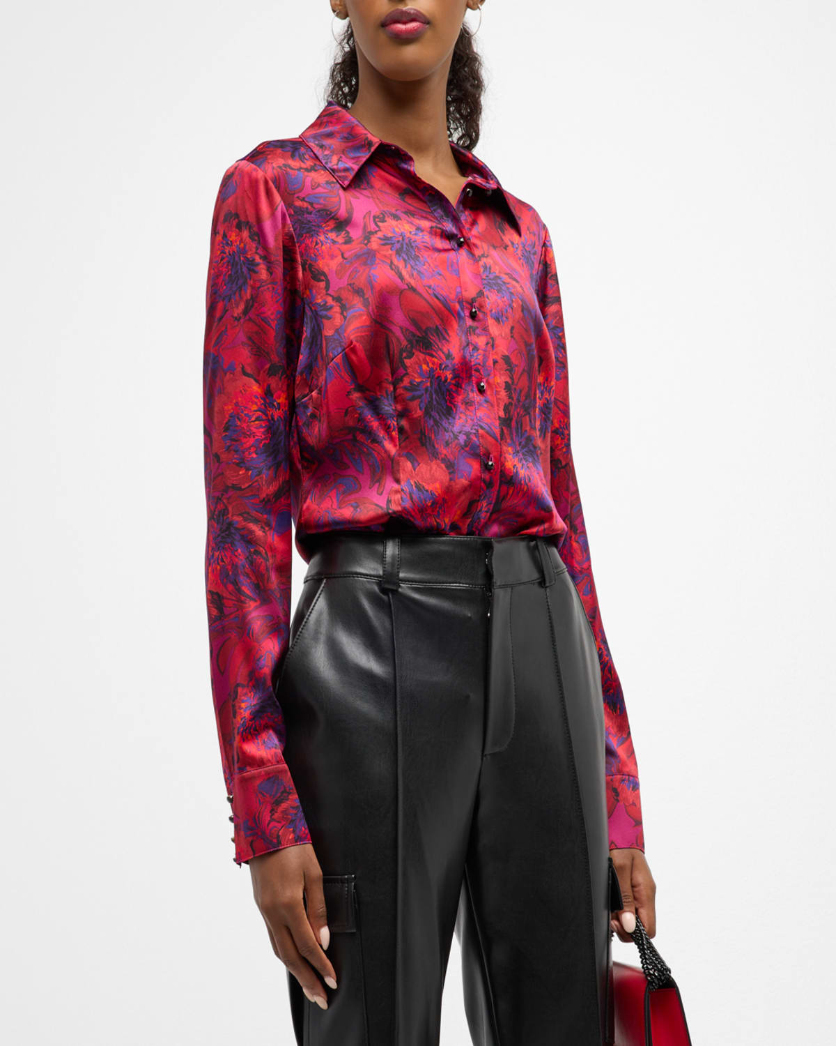 Cinq À Sept Petra Marbled Peonies Printed Silk Button-front Top In Dark Red Multi