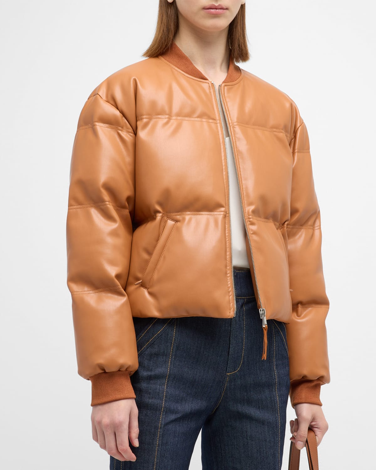 Cinq À Sept Maris Short Vegan Leather Quilted Puffer Coat In Chestnut Brown