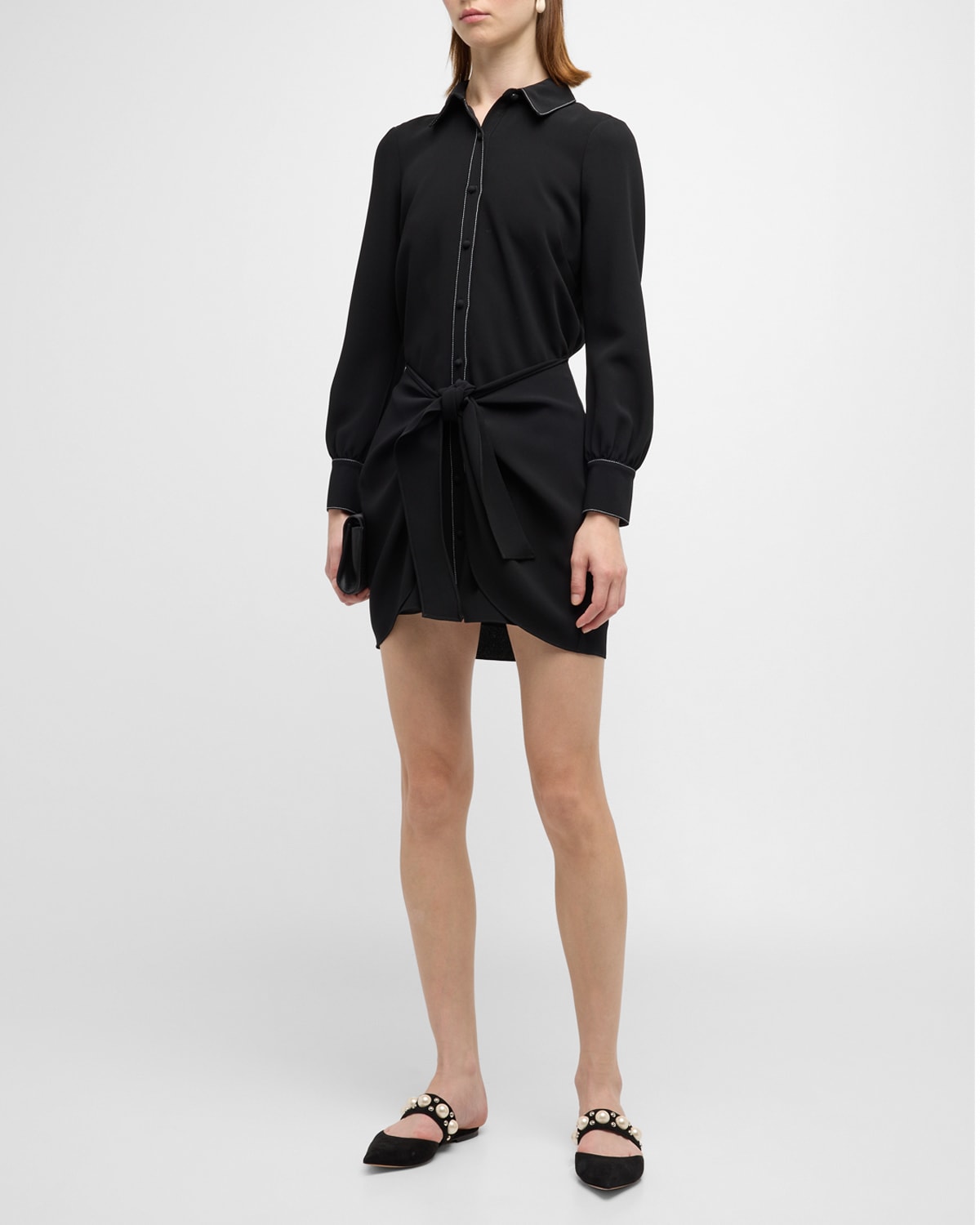 Cinq À Sept Gaby Tie Waist Long Sleeve Shirtdress In Blackivory