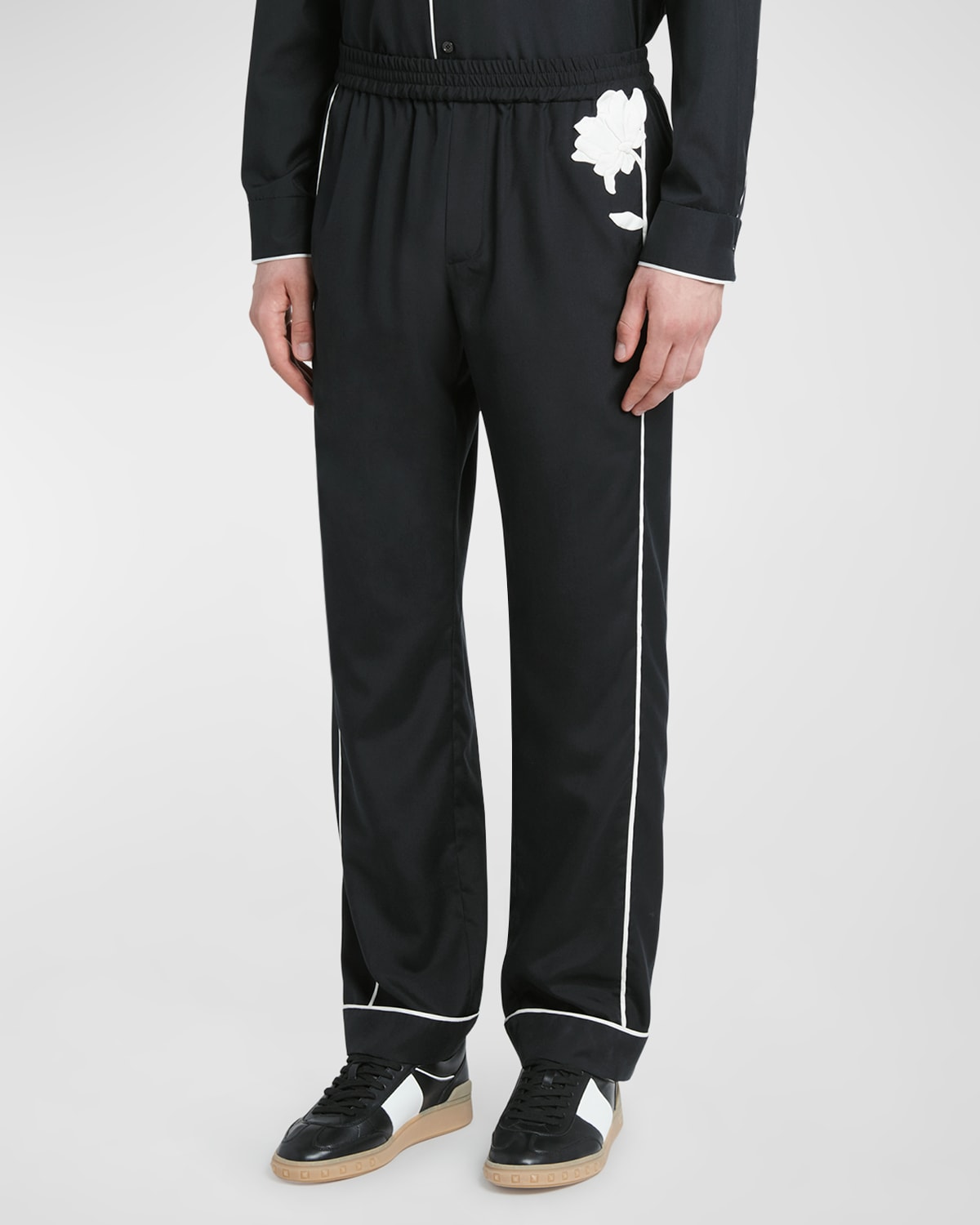 Shop Valentino Men's Flower Embroidered Silk Pj Pants In Black/white