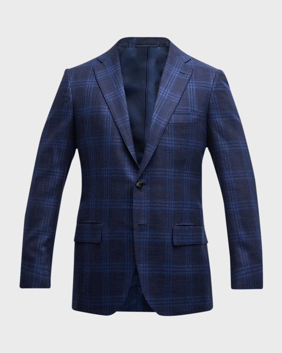 Shop Kiton Men's Plaid Silk-blend Sport Coat In Navy