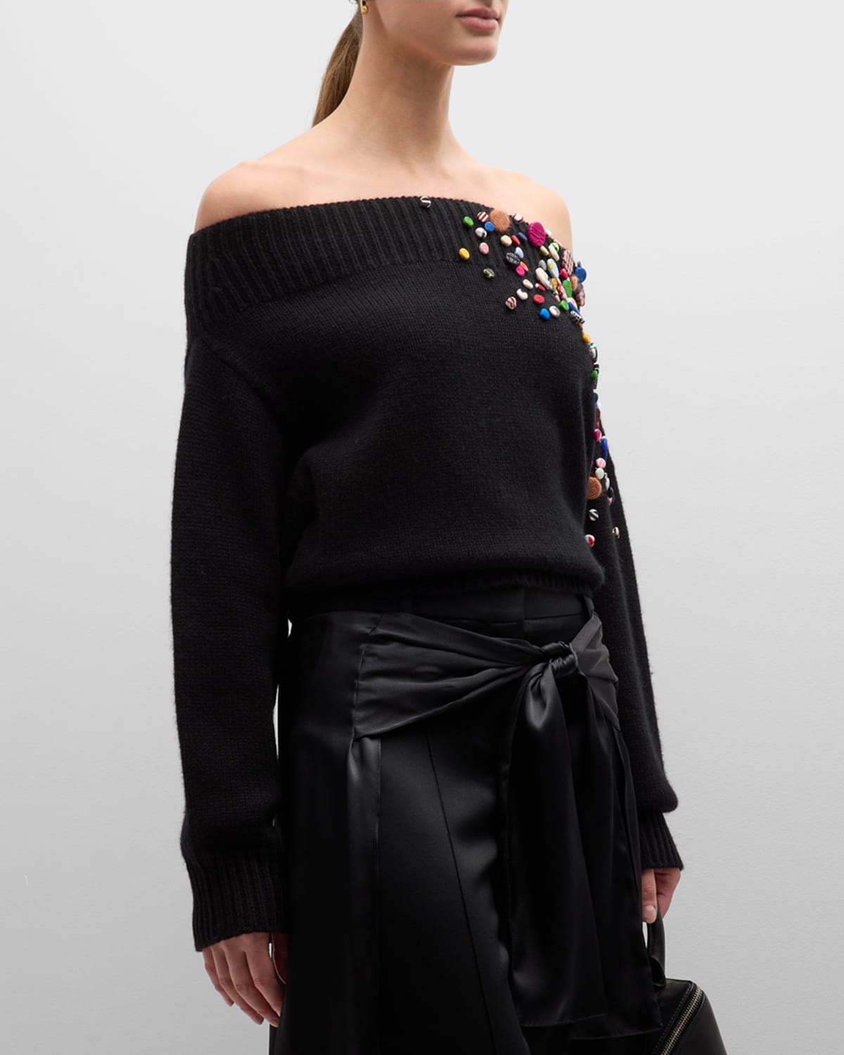 Hellessy Bruno Button Embellished Off-shoulder Wool Cashmere Sweater In Patent Black