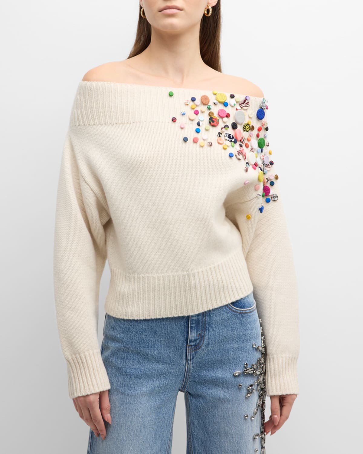 Shop Hellessy Bruno Button Embellished Off-shoulder Wool Cashmere Sweater In Warm White