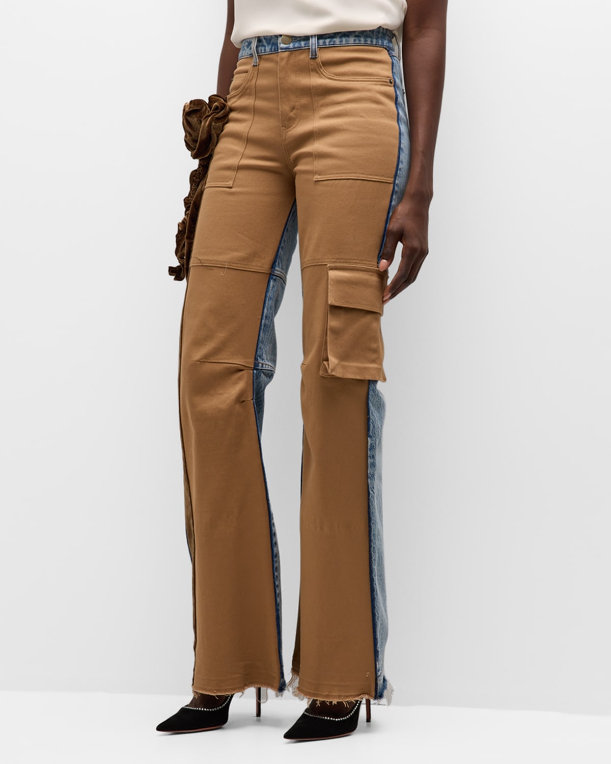 Hellessy Tanner Mixed-media Floral-applique Straight-leg Cargo Jeans In Lili Wash/khaki