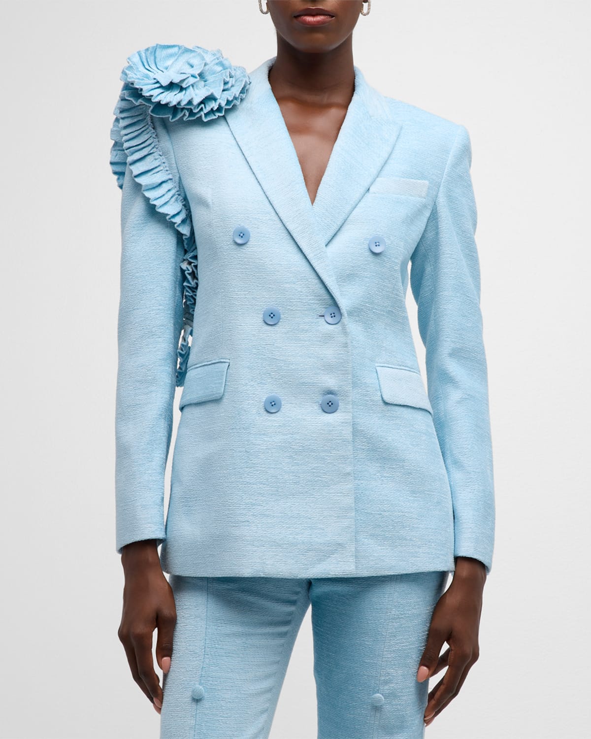 Shop Hellessy Santi Tuxedo Double-breast Blazer With Corsage In Ice Blue