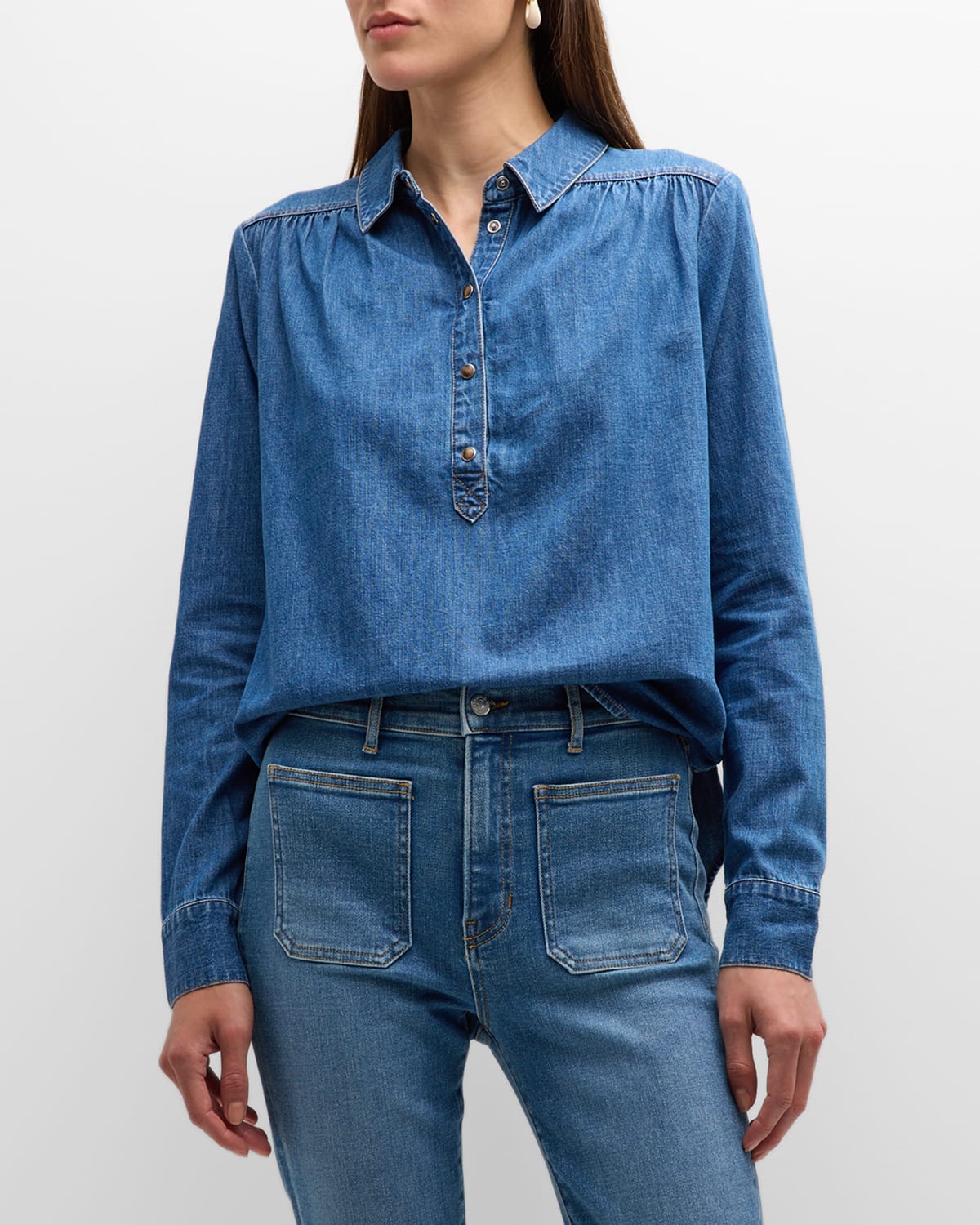 Veronica Beard Jeans Cambrie Denim Half-button Shirt In Cornflower