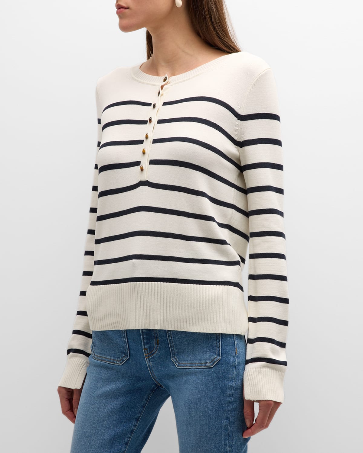 Veronica Beard Jeans Dianora Stripe Knit Half-button Top In Off Whitenavy