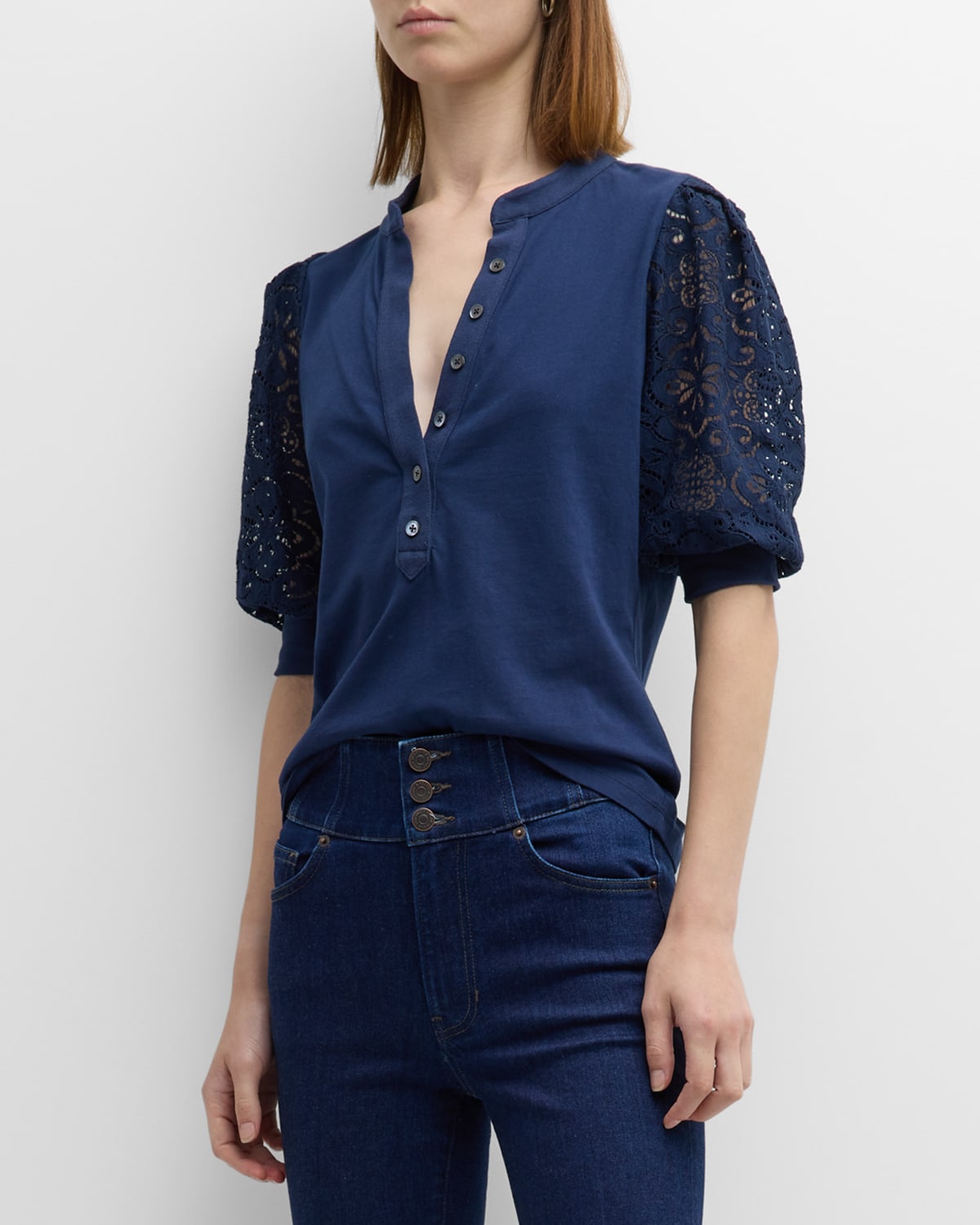 Veronica Beard Jeans Coralee Knit Button-front Eyelet Sleeve Top In Marine