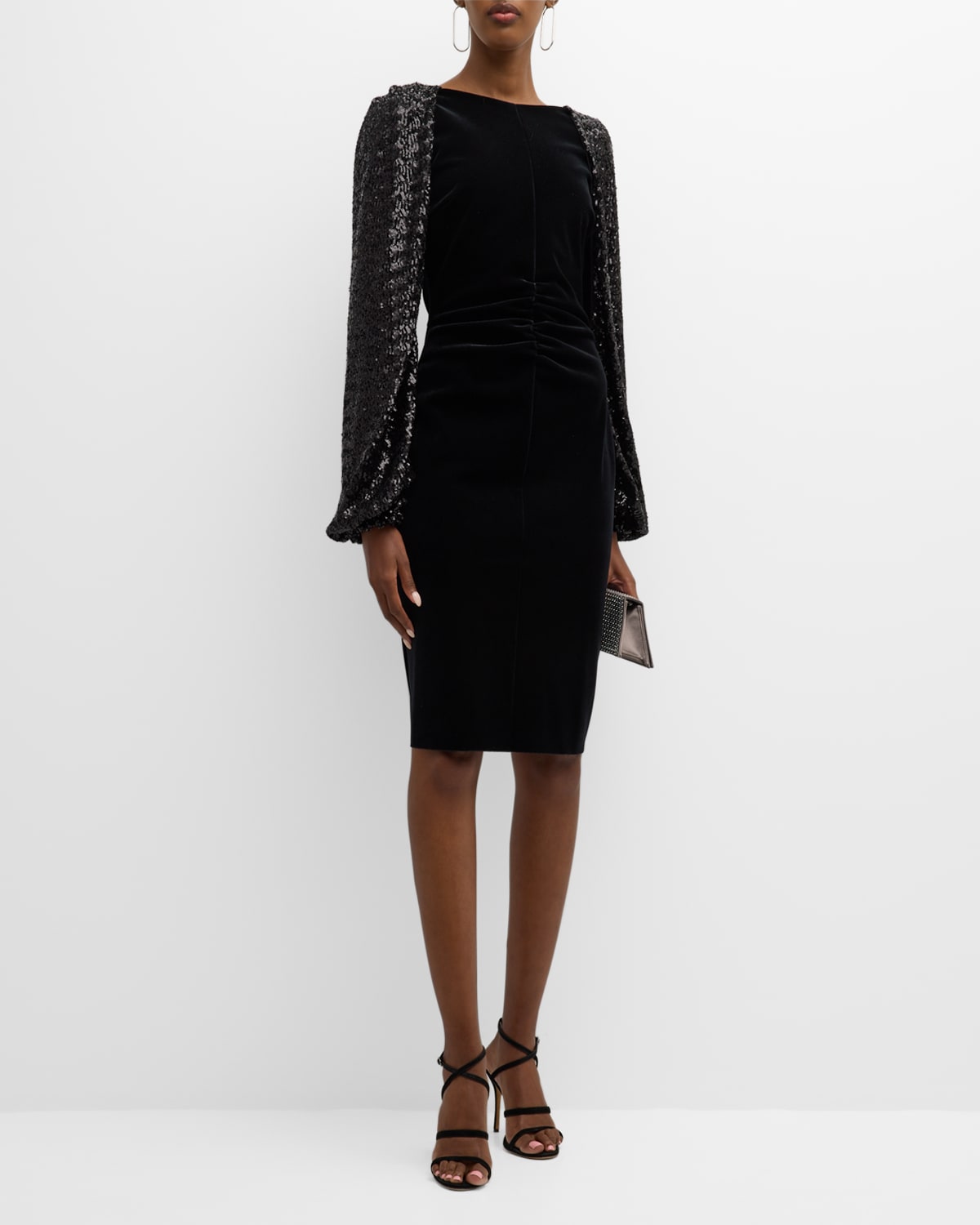 Chiara Boni La Petite Robe Ruched Sequin-sleeve Velvet Midi Dress In Black
