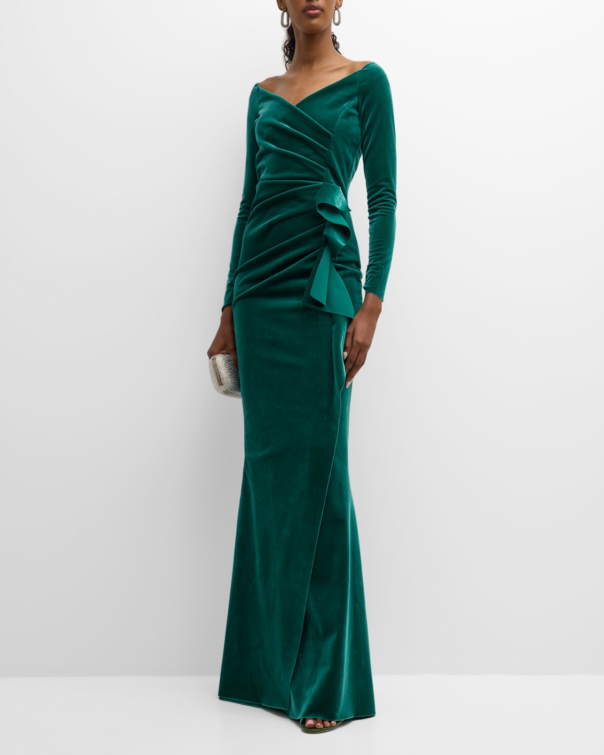 Chiara Boni La Petite Robe Silveria Pleated Off-shoulder Velvet Gown In Jade