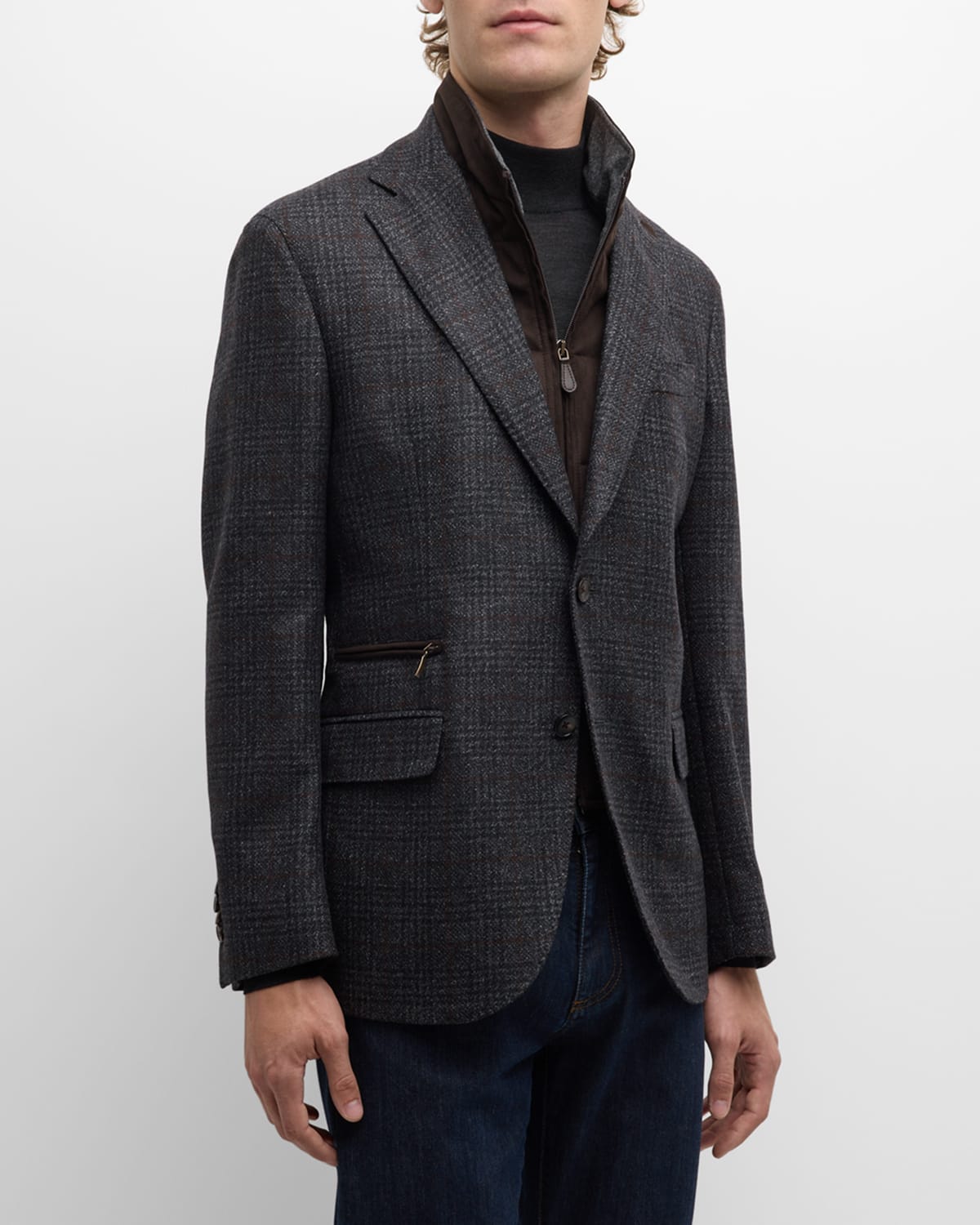Neiman Marcus Men's Plaid Wool-cashmere Travel Jacket In Dark Grey