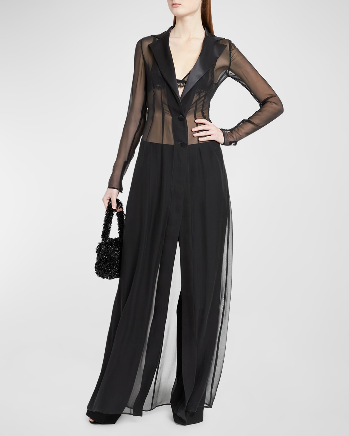Shop Dolce & Gabbana Satin-lapel Sheer Silk Chiffon Long Coat In Black