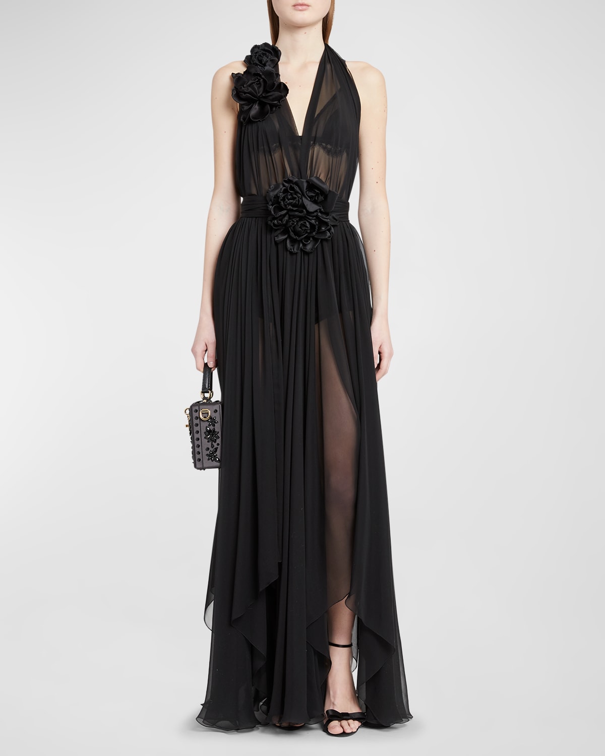 Shop Dolce & Gabbana Flower Applique Halter Silk Chiffon Gown With Detachable Underskirt In Black