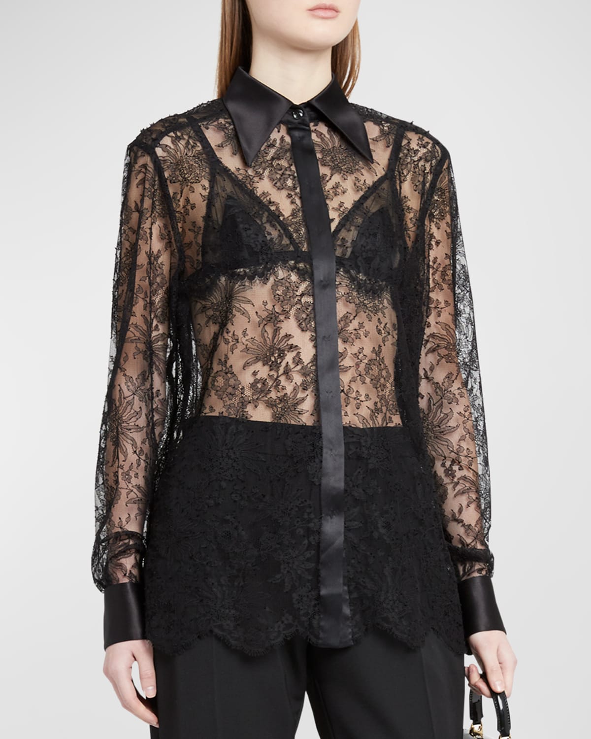 Dolce & Gabbana Chantilly Lace Satin Trim Button Down Shirt In Black